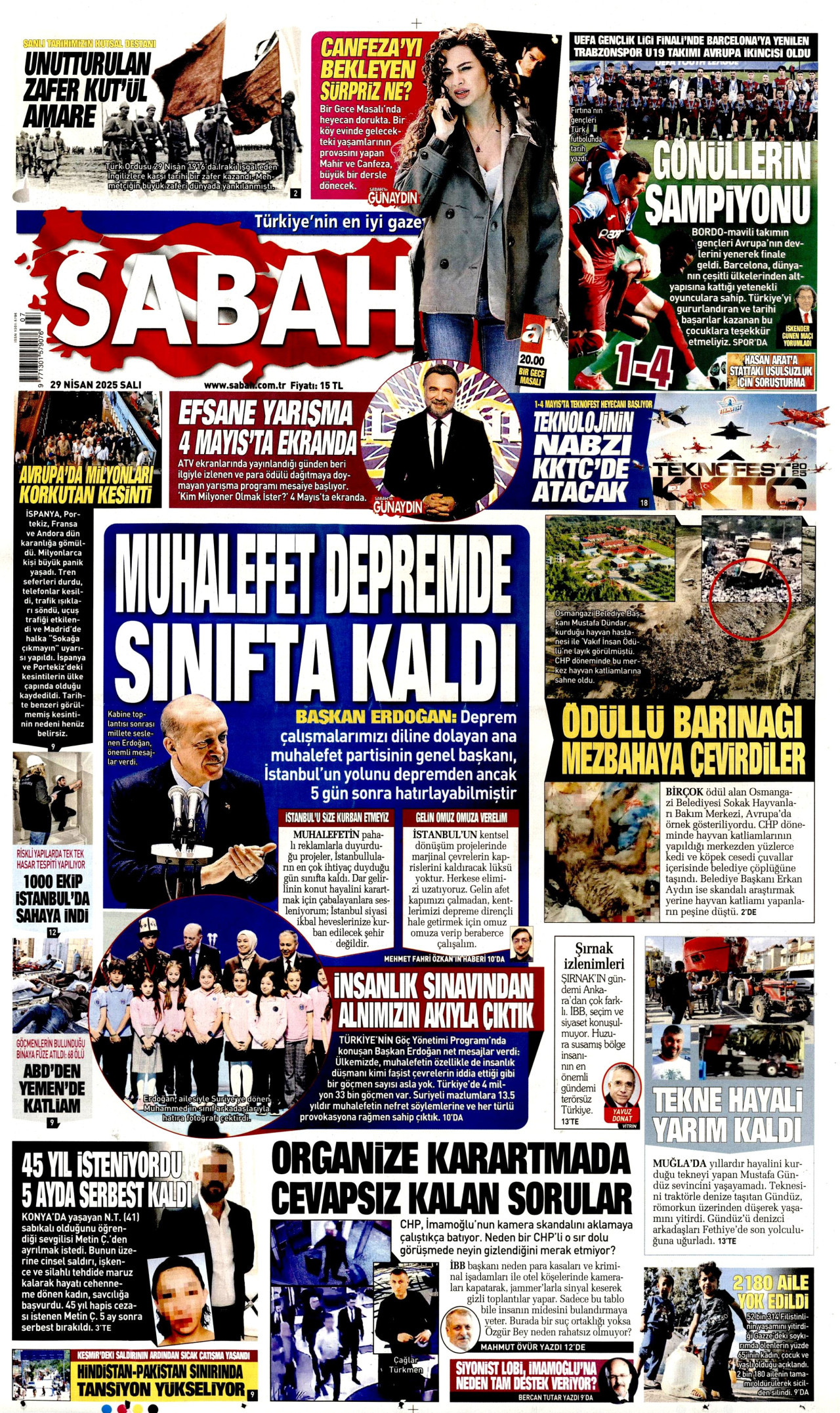 SABAH gazetesinin 29 Nisan 2025 tarihli birinci sayfası