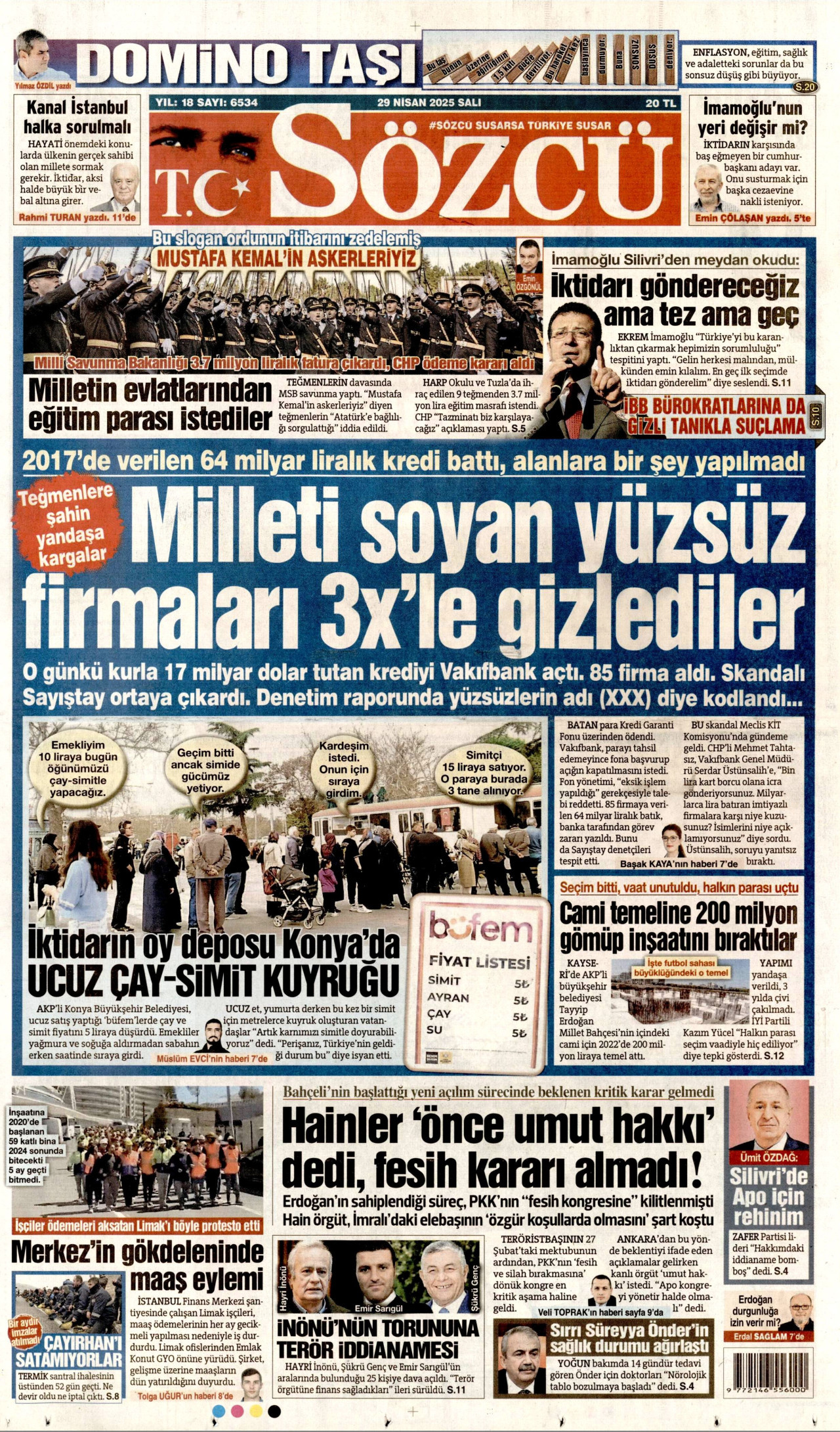 SÖZCÜ gazetesinin 29 Nisan 2025 tarihli birinci sayfası