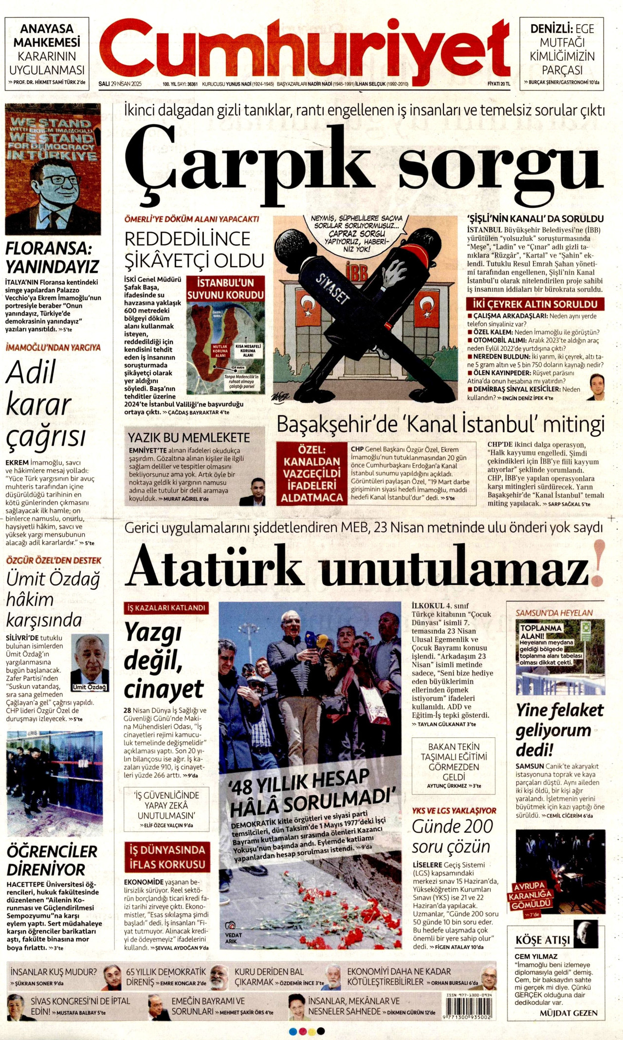 CUMHURİYET gazetesinin 29 Nisan 2025 tarihli birinci sayfası