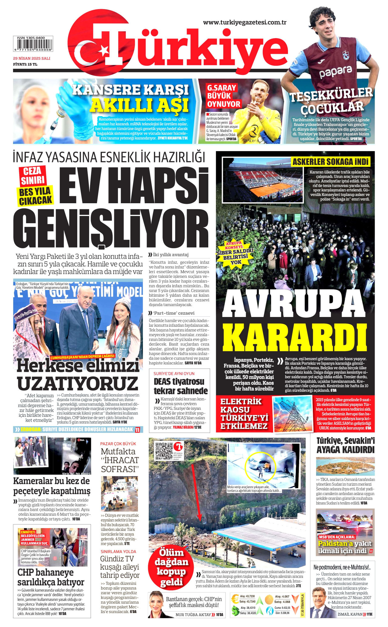 TÜRKİYE GAZETESİ gazetesinin 29 Nisan 2025 tarihli birinci sayfası