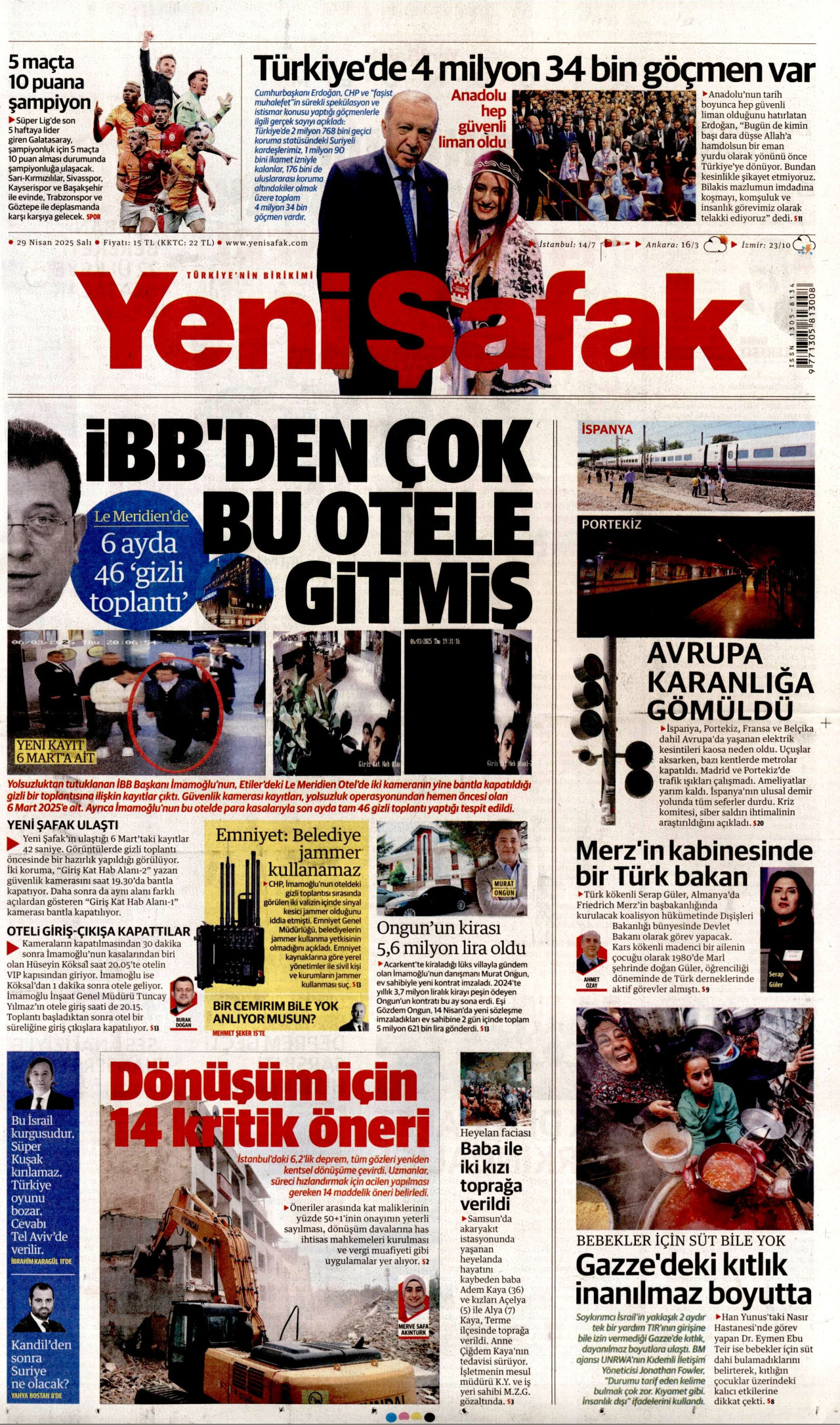 YENİ ŞAFAK gazetesinin 29 Nisan 2025 tarihli birinci sayfası