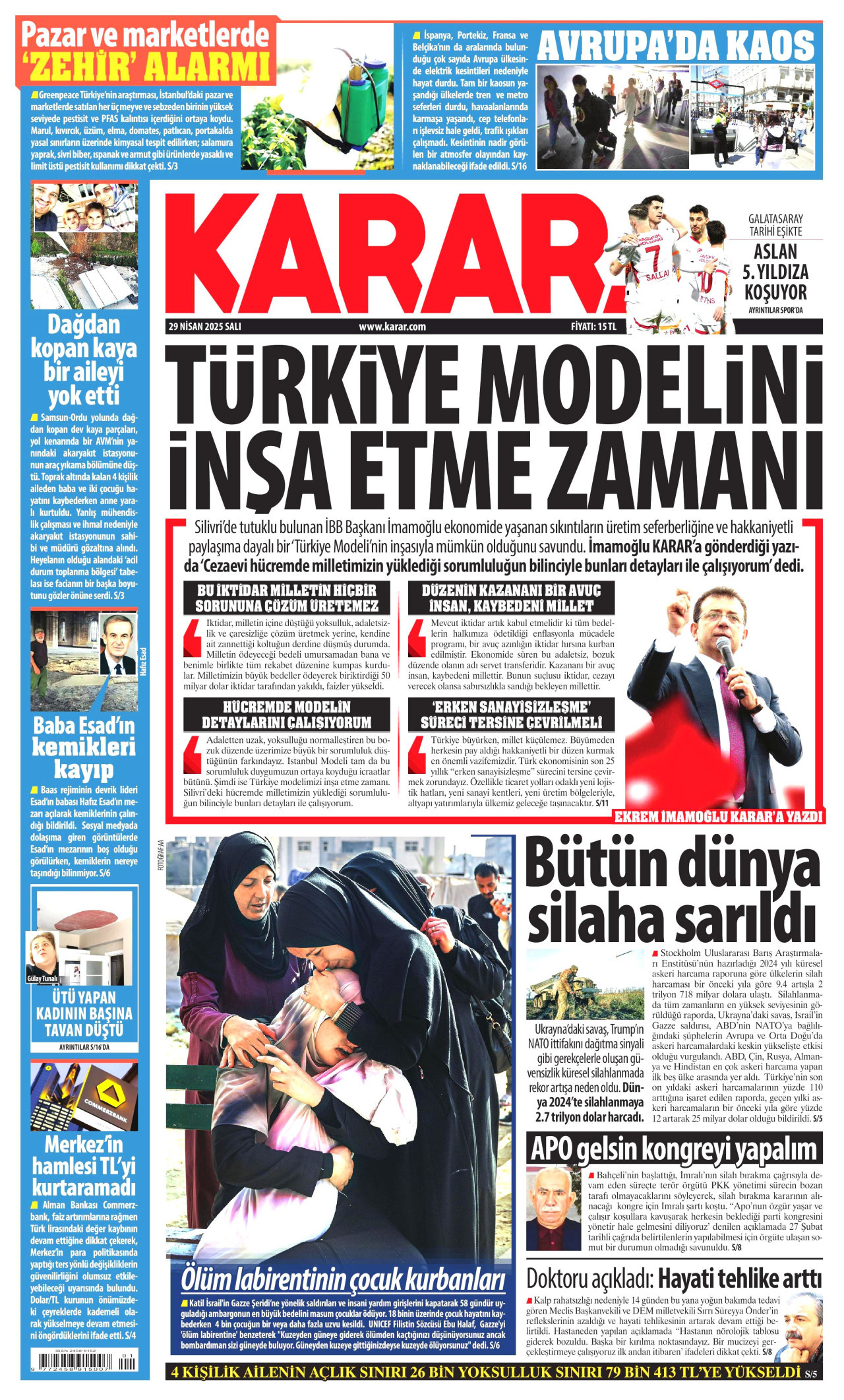 KARAR gazetesinin 29 Nisan 2025 tarihli birinci sayfası