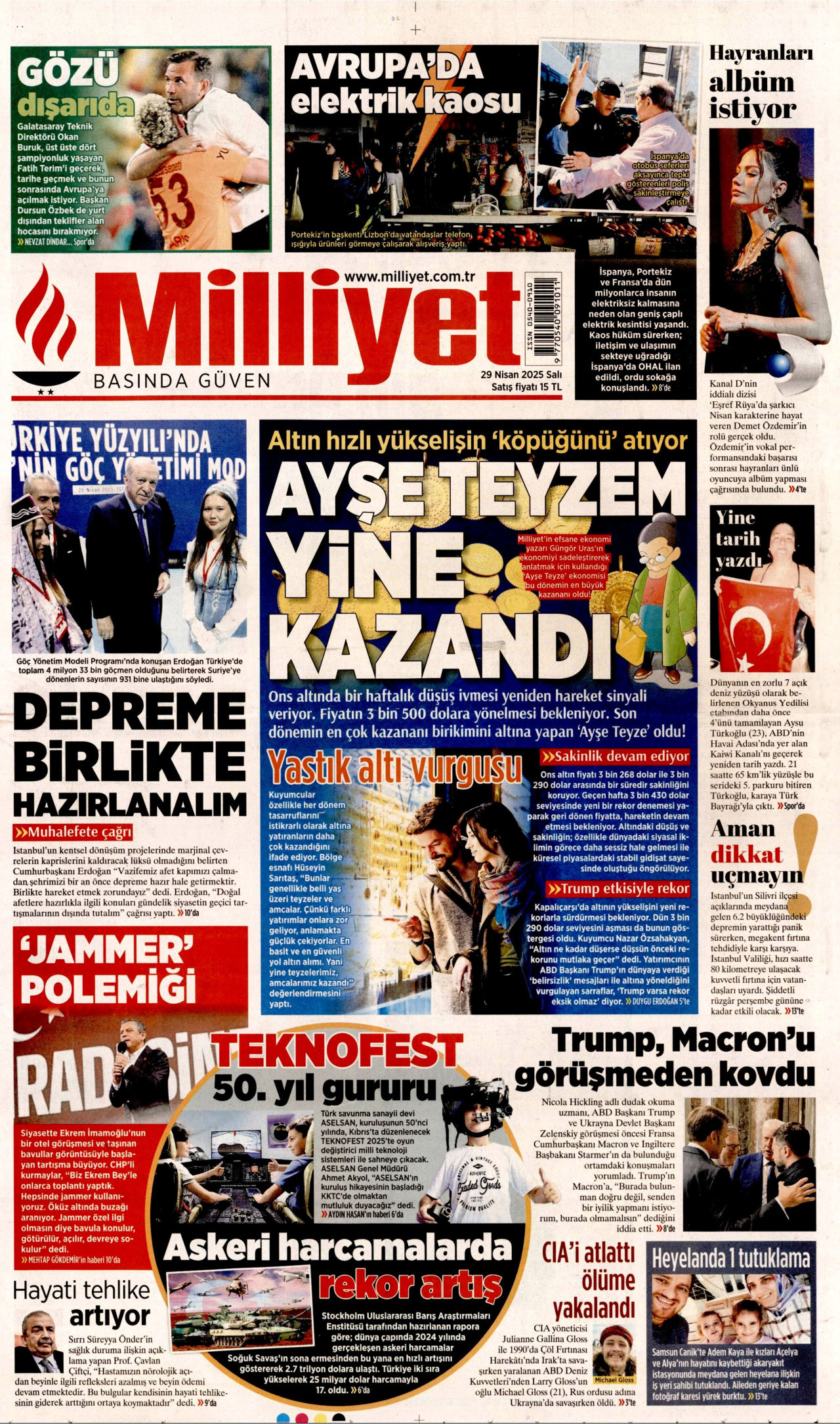 MİLLİYET gazetesinin 29 Nisan 2025 tarihli birinci sayfası