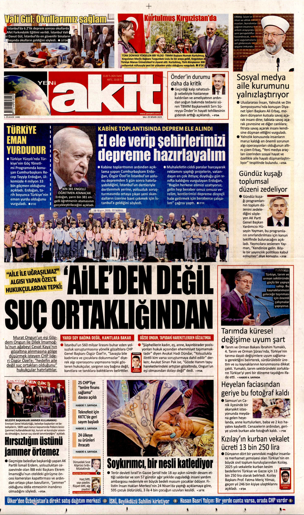 YENİ AKİT gazetesinin 29 Nisan 2025 tarihli birinci sayfası
