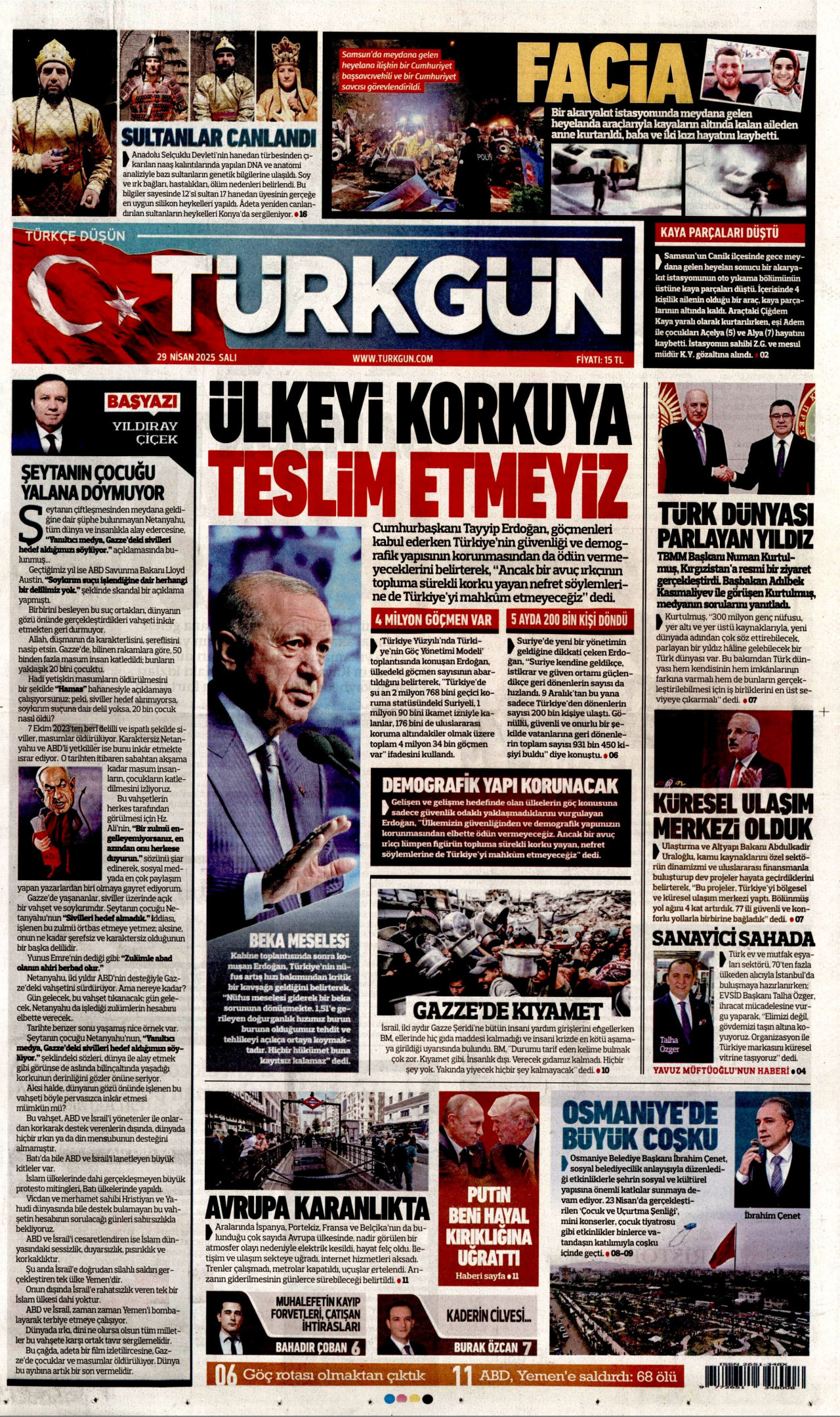 TÜRKGÜN gazetesinin 29 Nisan 2025 tarihli birinci sayfası