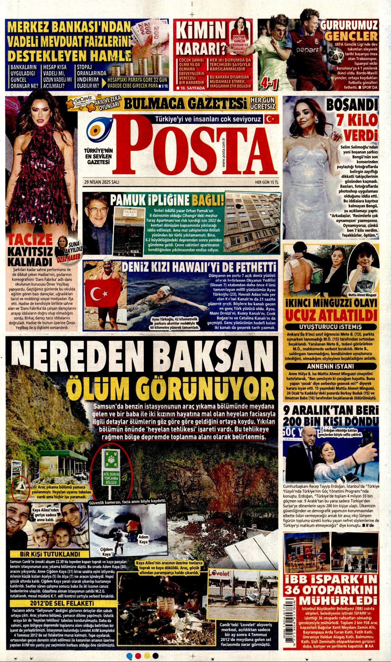 POSTA gazetesinin 29 Nisan 2025 tarihli birinci sayfası