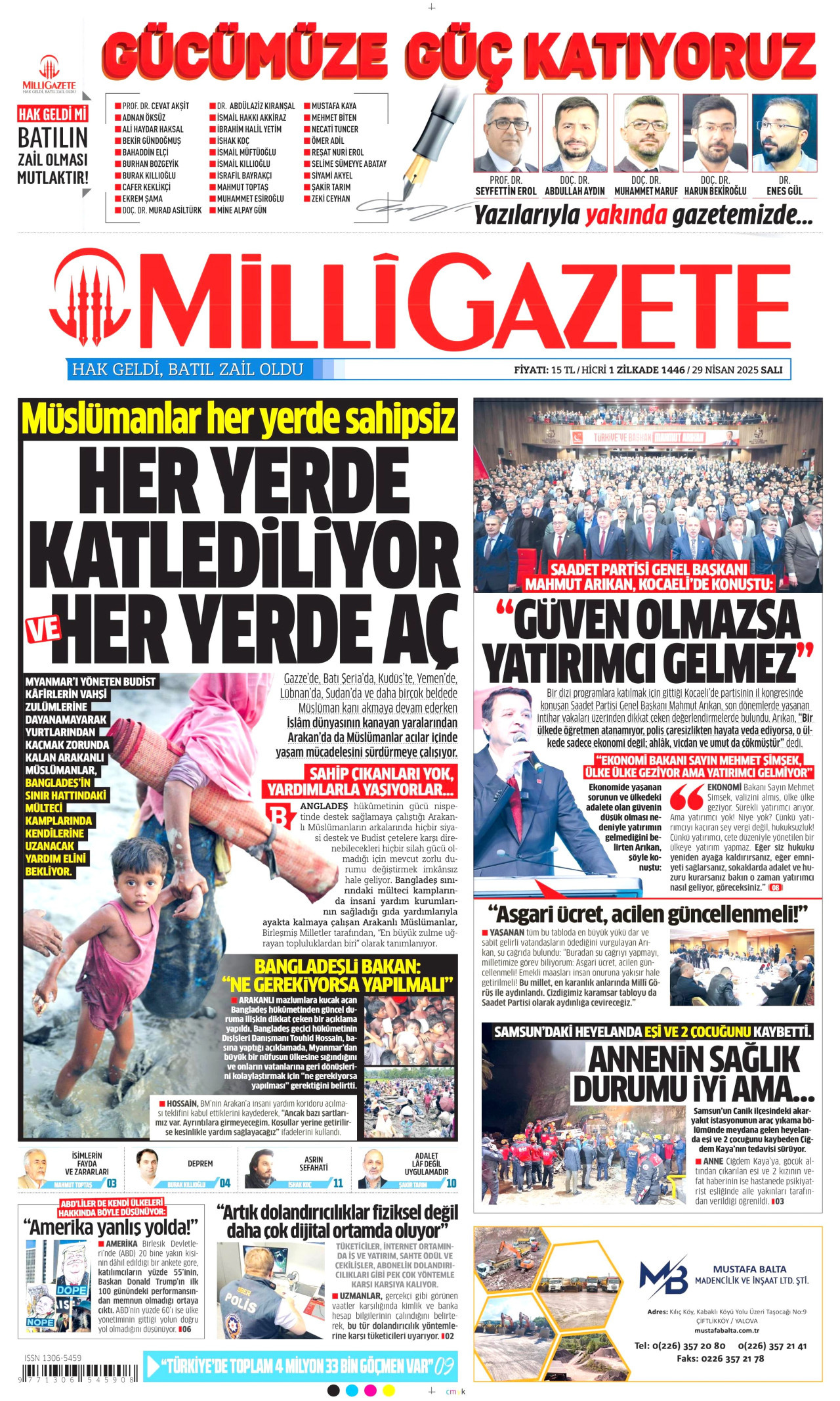 MİLLİ GAZETE gazetesinin 29 Nisan 2025 tarihli birinci sayfası