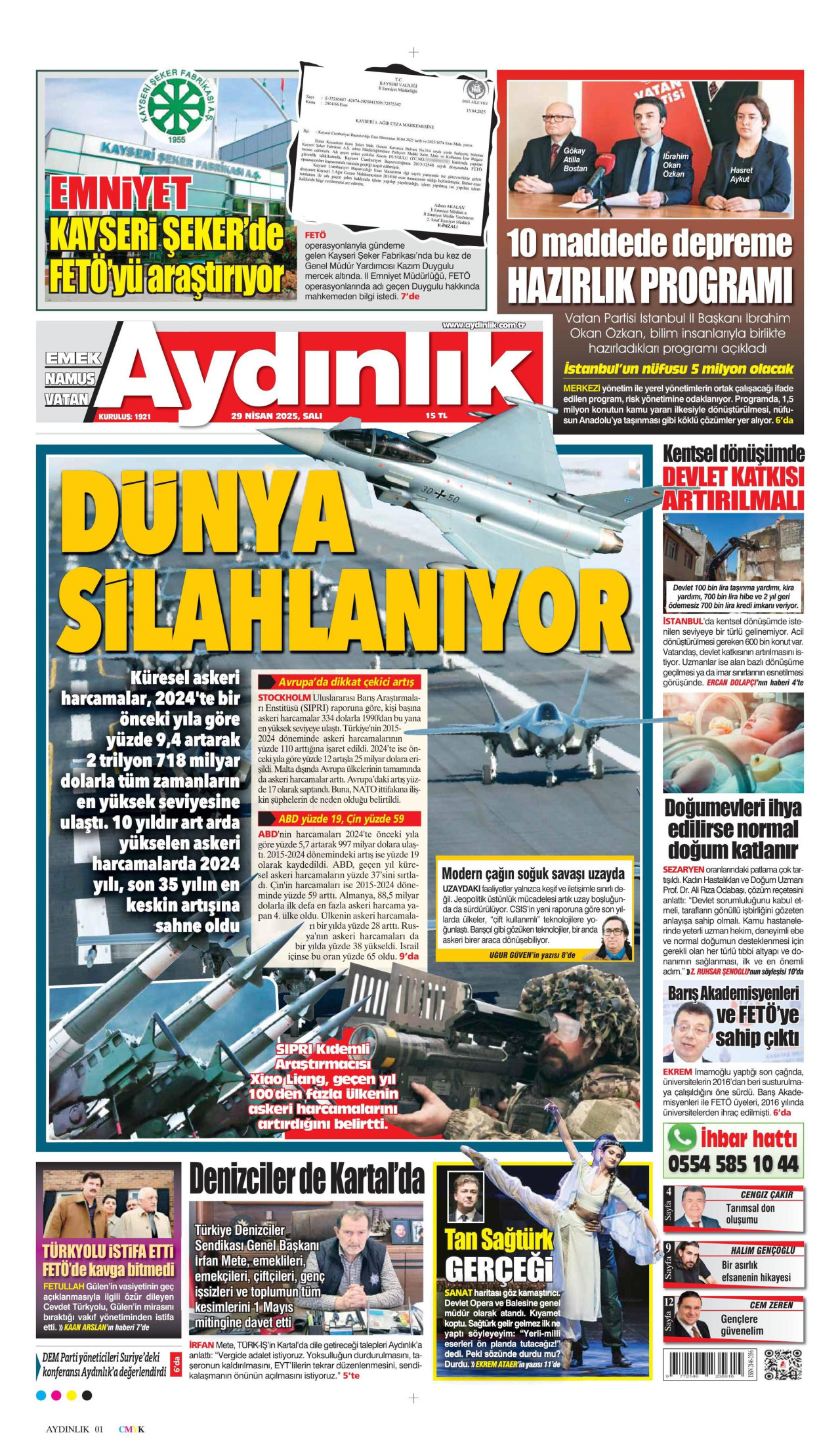 AYDINLIK GAZETESİ gazetesinin 29 Nisan 2025 tarihli birinci sayfası