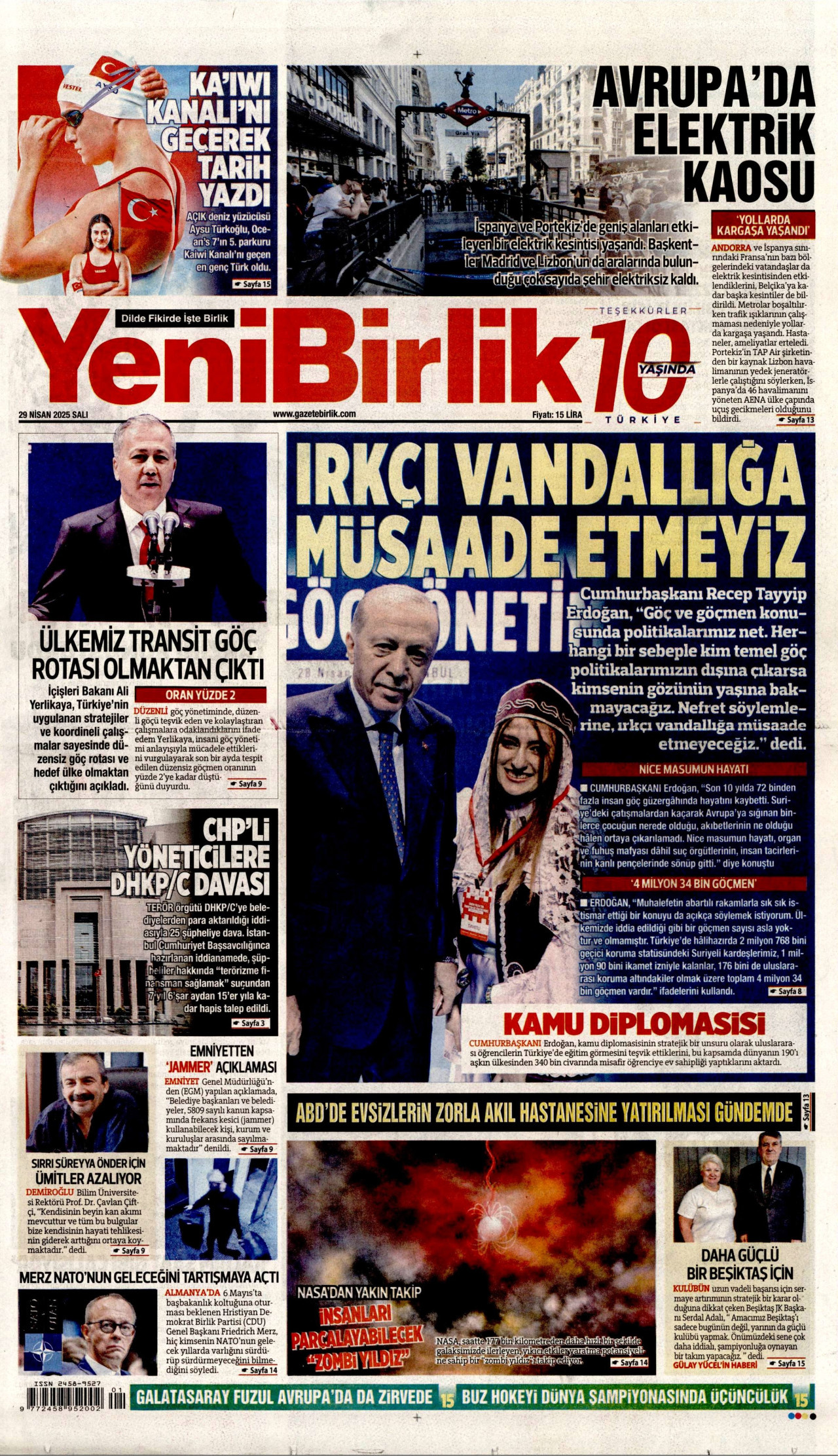 YENİBİRLİK gazetesinin 29 Nisan 2025 tarihli birinci sayfası