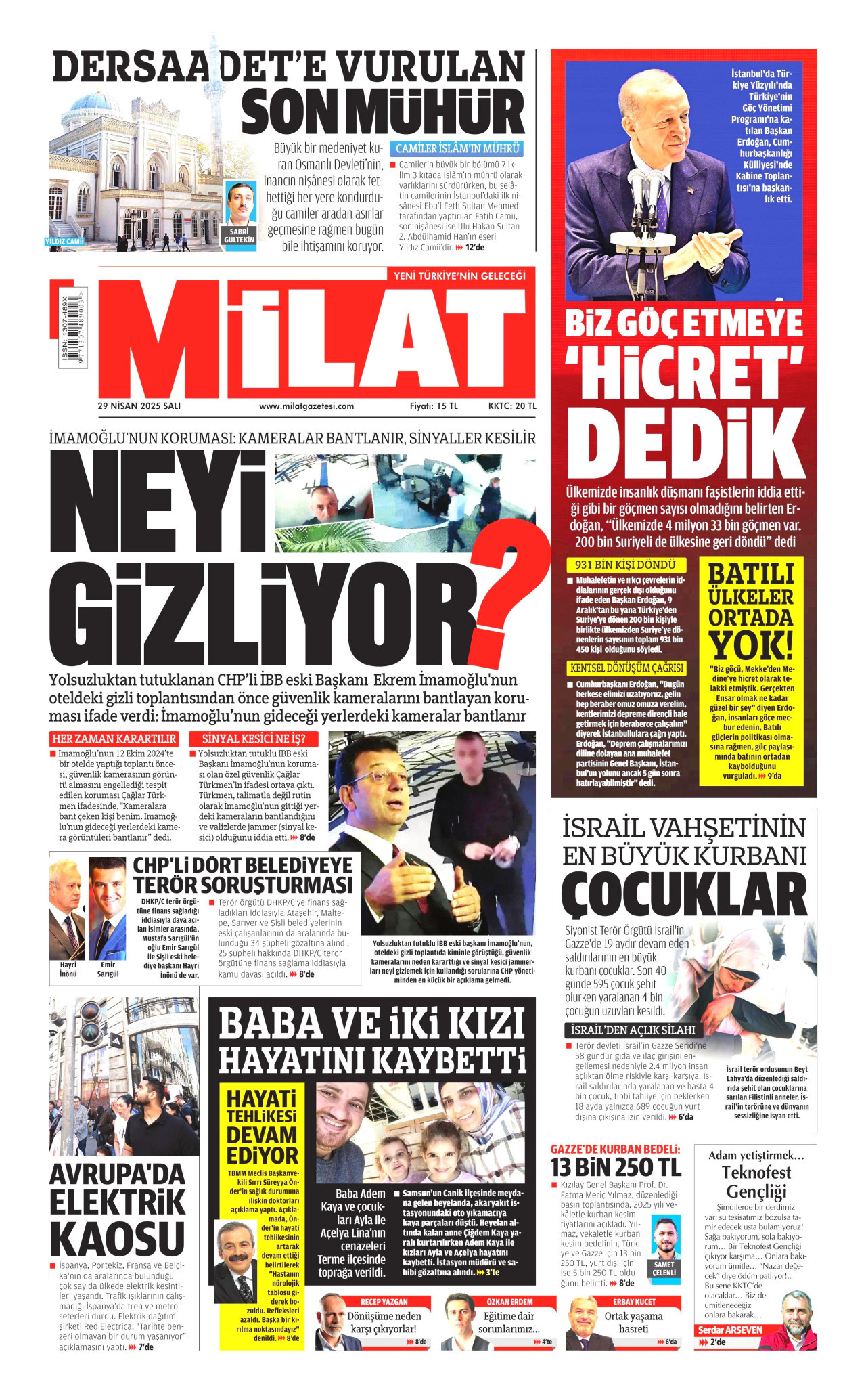 MİLAT gazetesinin 29 Nisan 2025 tarihli birinci sayfası