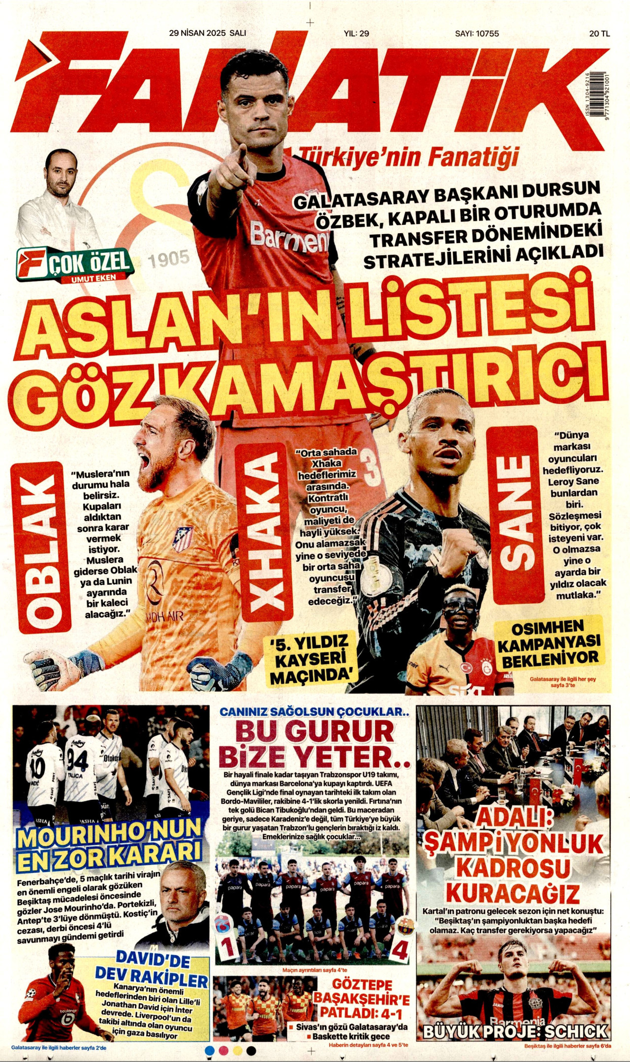 FANATİK gazetesinin 29 Nisan 2025 tarihli birinci sayfası
