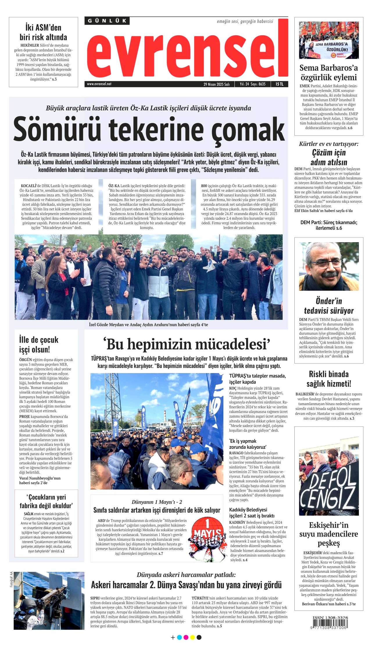 EVRENSEL gazetesinin 29 Nisan 2025 tarihli birinci sayfası