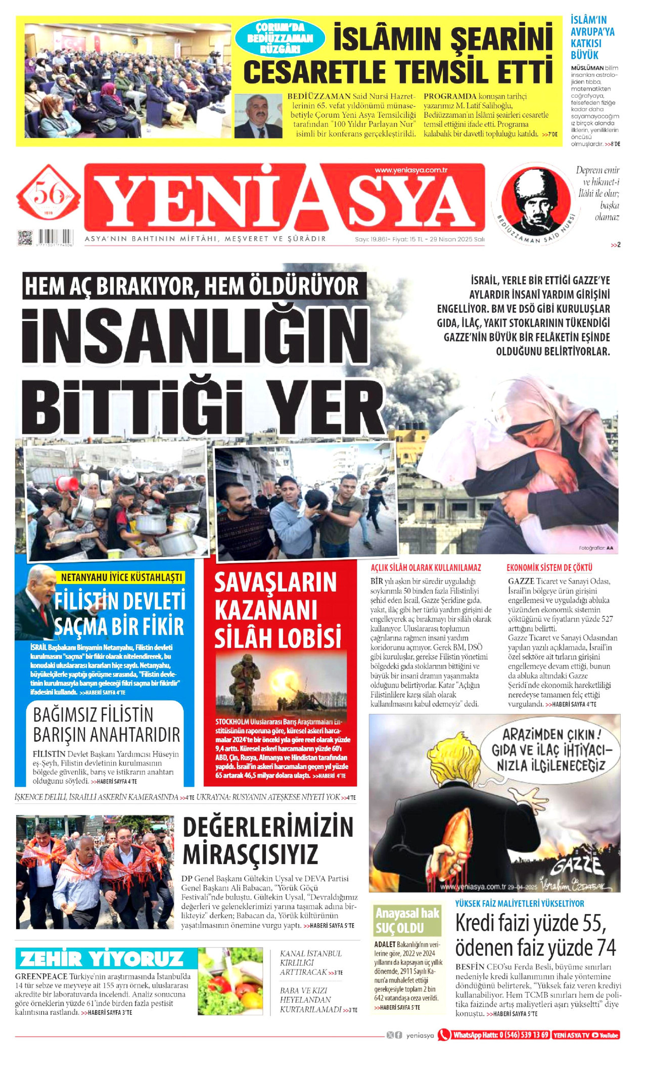 YENİ ASYA gazetesinin 29 Nisan 2025 tarihli birinci sayfası