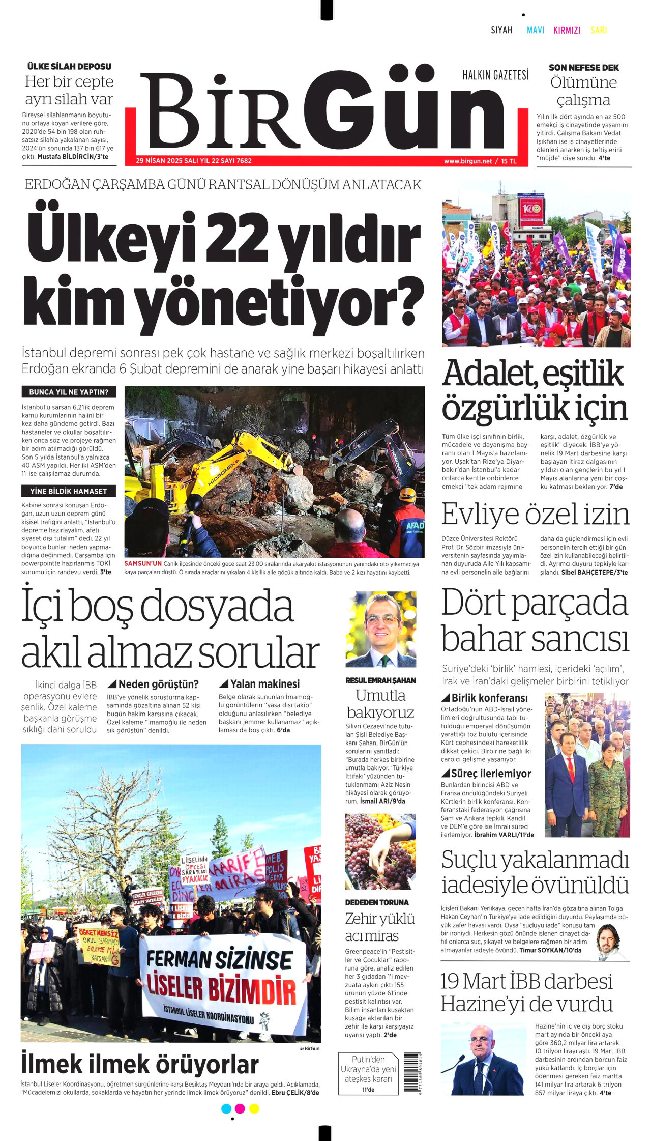 BİRGÜN gazetesinin 29 Nisan 2025 tarihli birinci sayfası