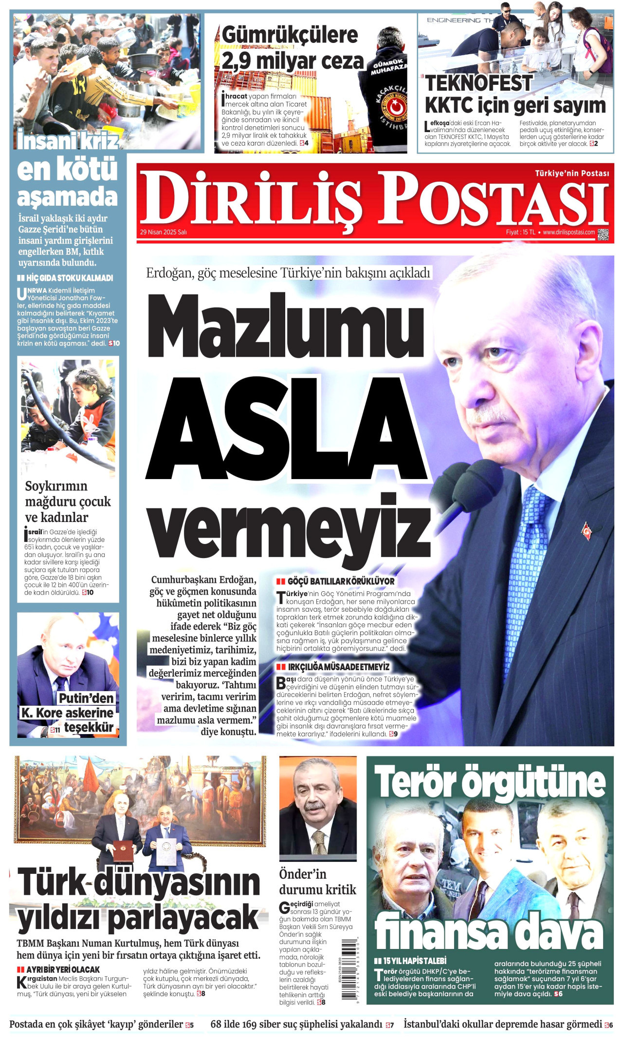 DİRİLİŞ POSTASI gazetesinin 29 Nisan 2025 tarihli birinci sayfası