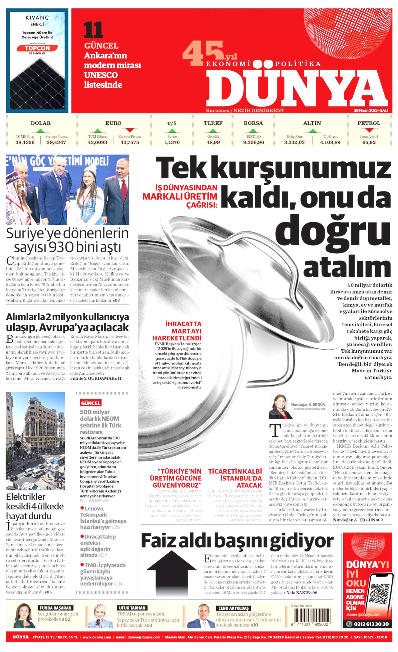 DÜNYA gazetesinin 29 Nisan 2025 tarihli birinci sayfası