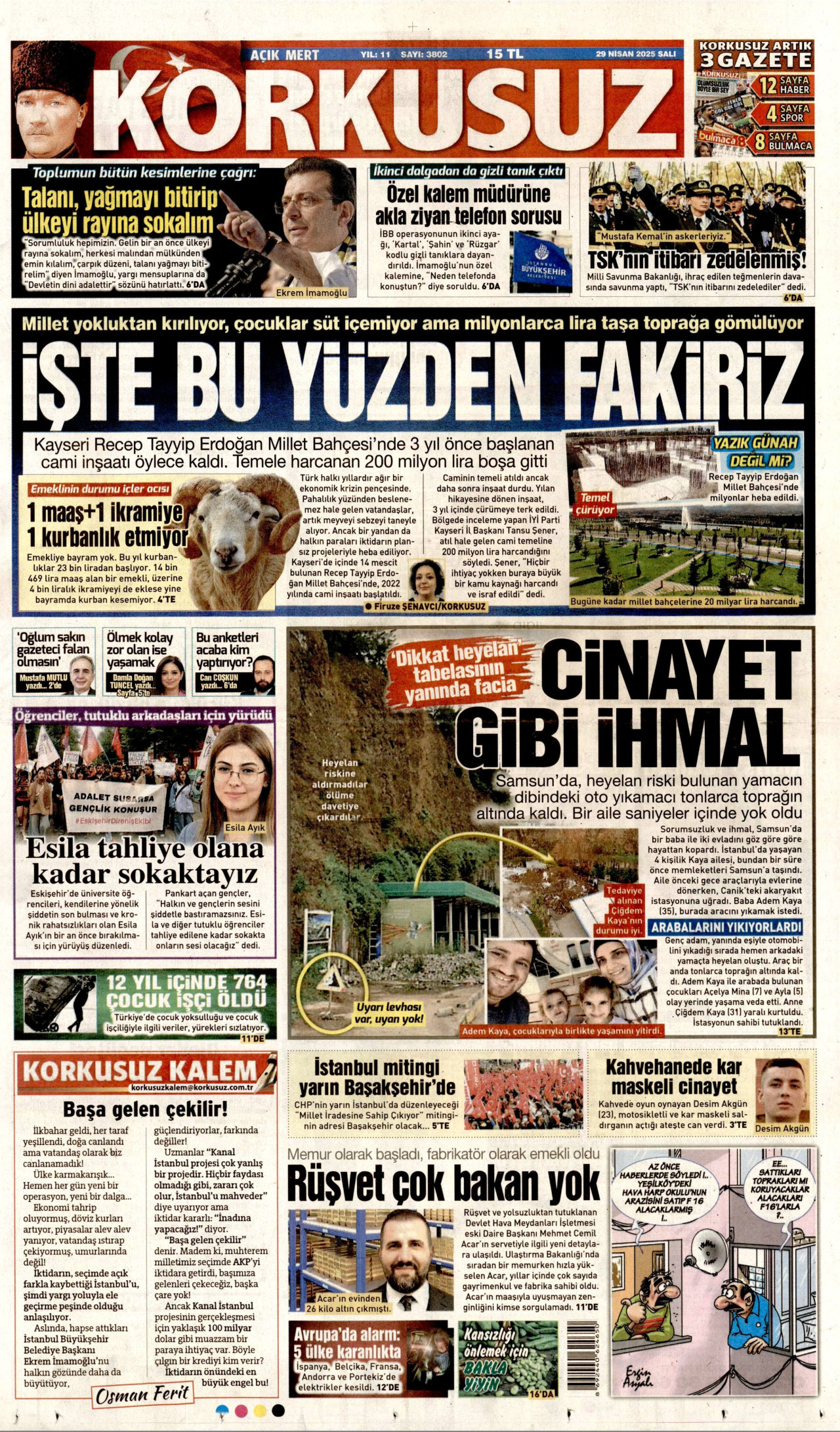KORKUSUZ gazetesinin 29 Nisan 2025 tarihli birinci sayfası