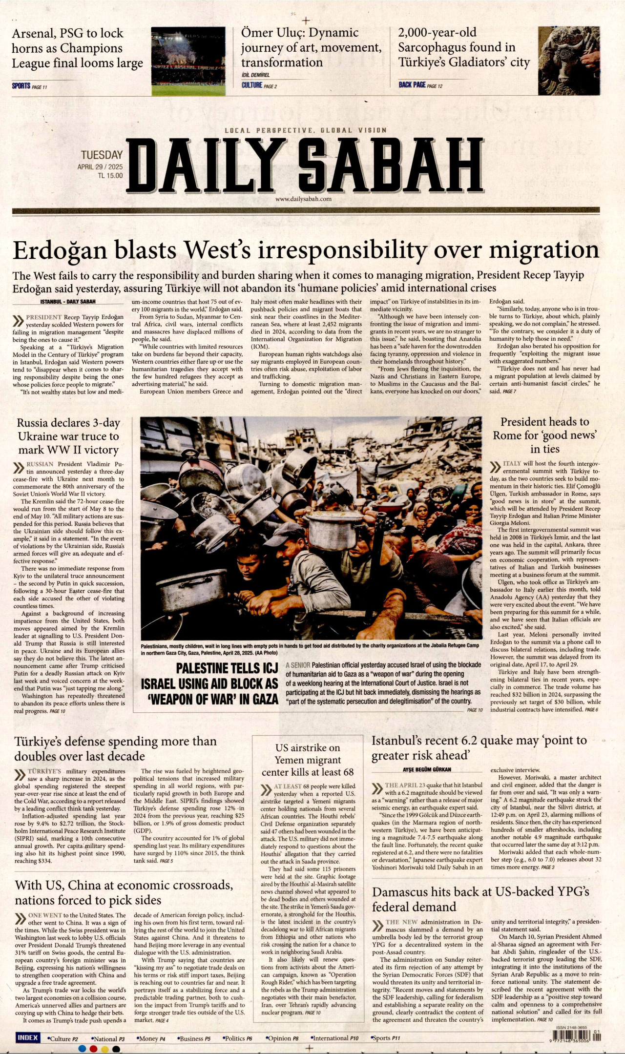 DAİLY SABAH gazetesinin 29 Nisan 2025 tarihli birinci sayfası