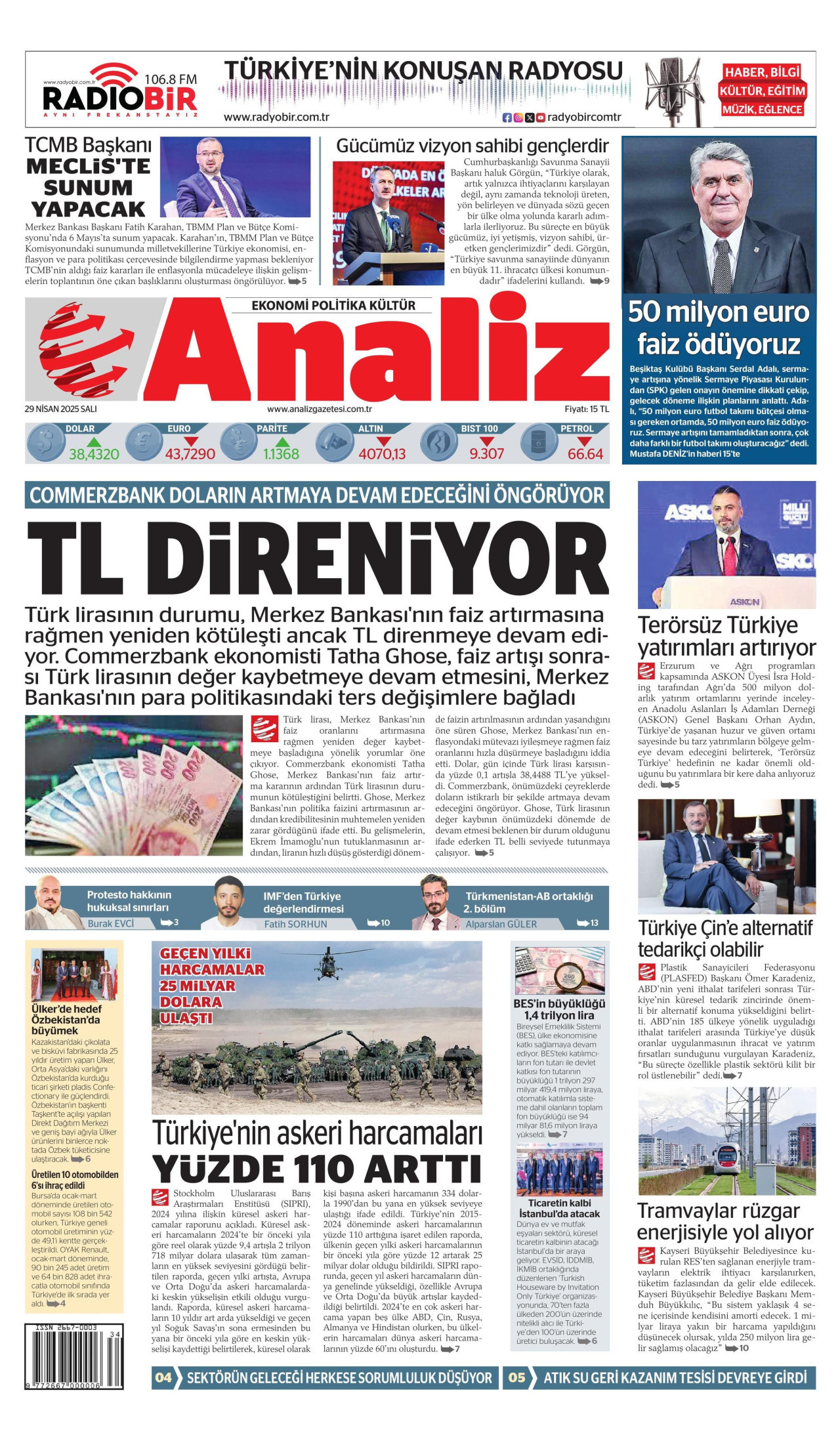ANALİZ gazetesinin 29 Nisan 2025 tarihli birinci sayfası