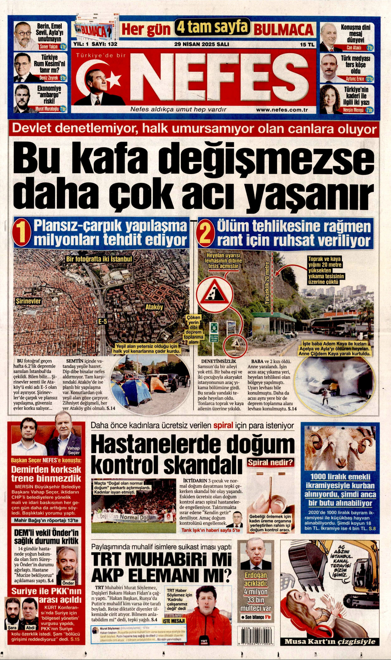 NEFES gazetesinin 29 Nisan 2025 tarihli birinci sayfası