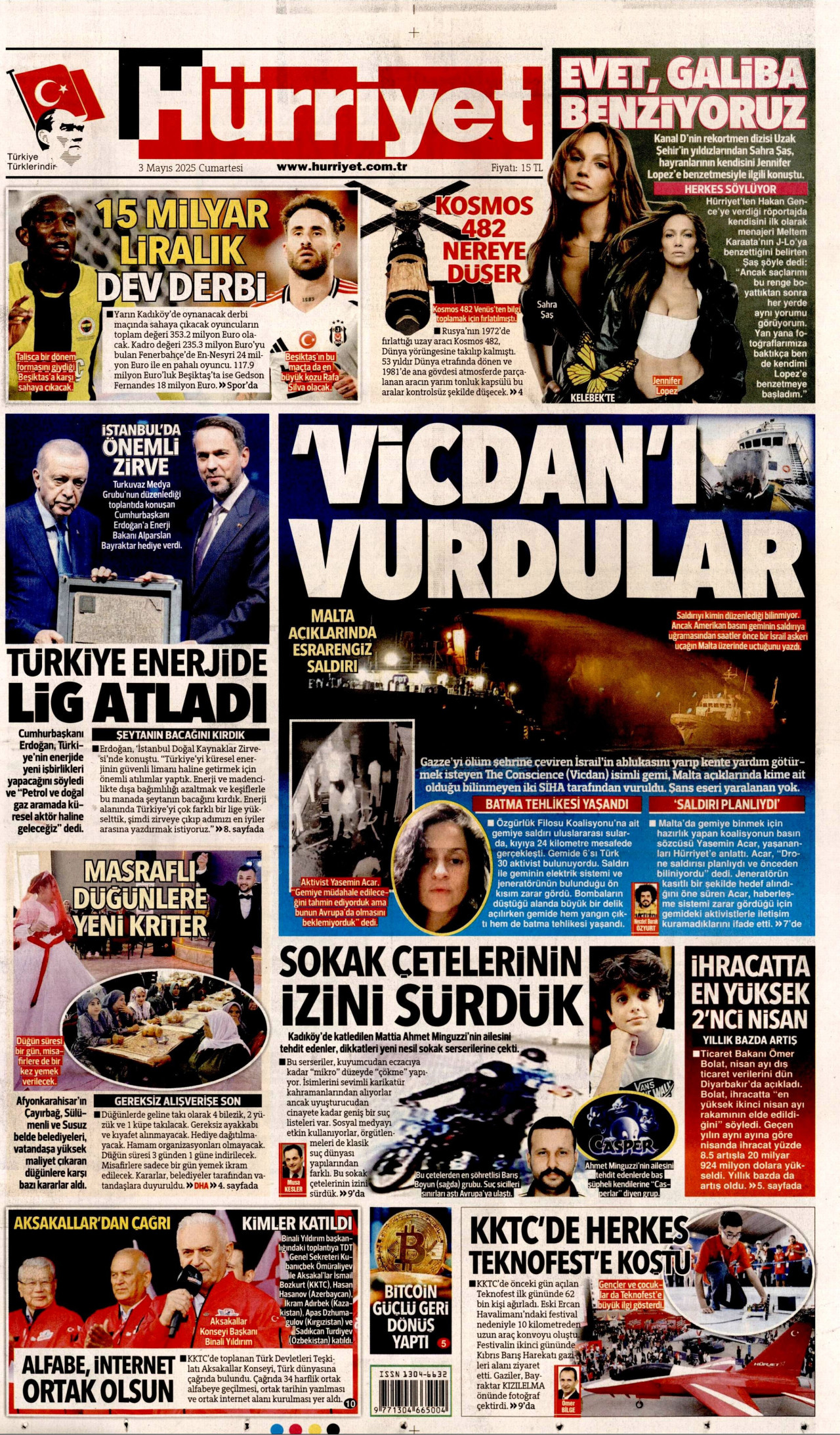 HÜRRİYET gazetesinin 3 Mayıs 2025 tarihli birinci sayfası
