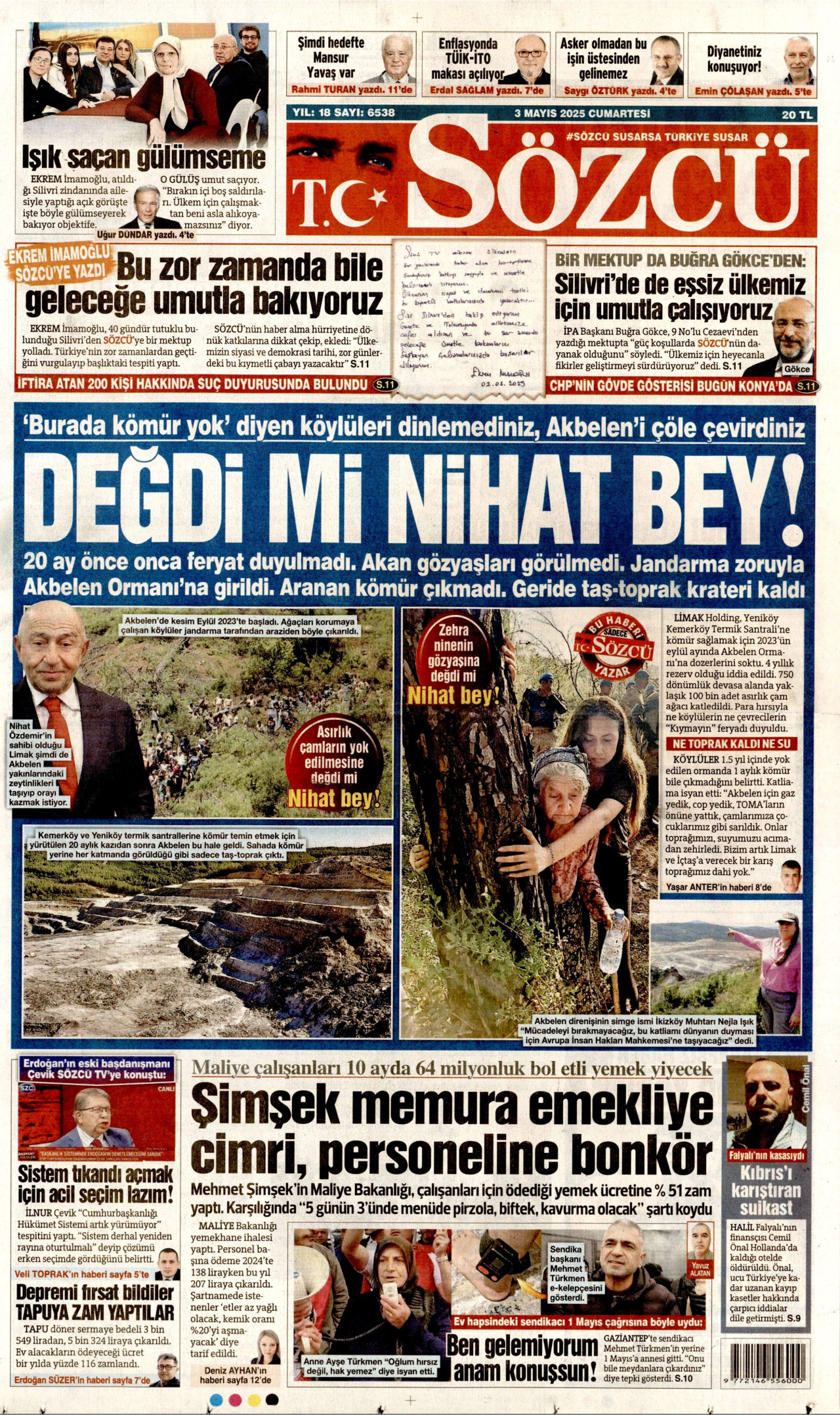 SÖZCÜ gazetesinin 3 Mayıs 2025 tarihli birinci sayfası