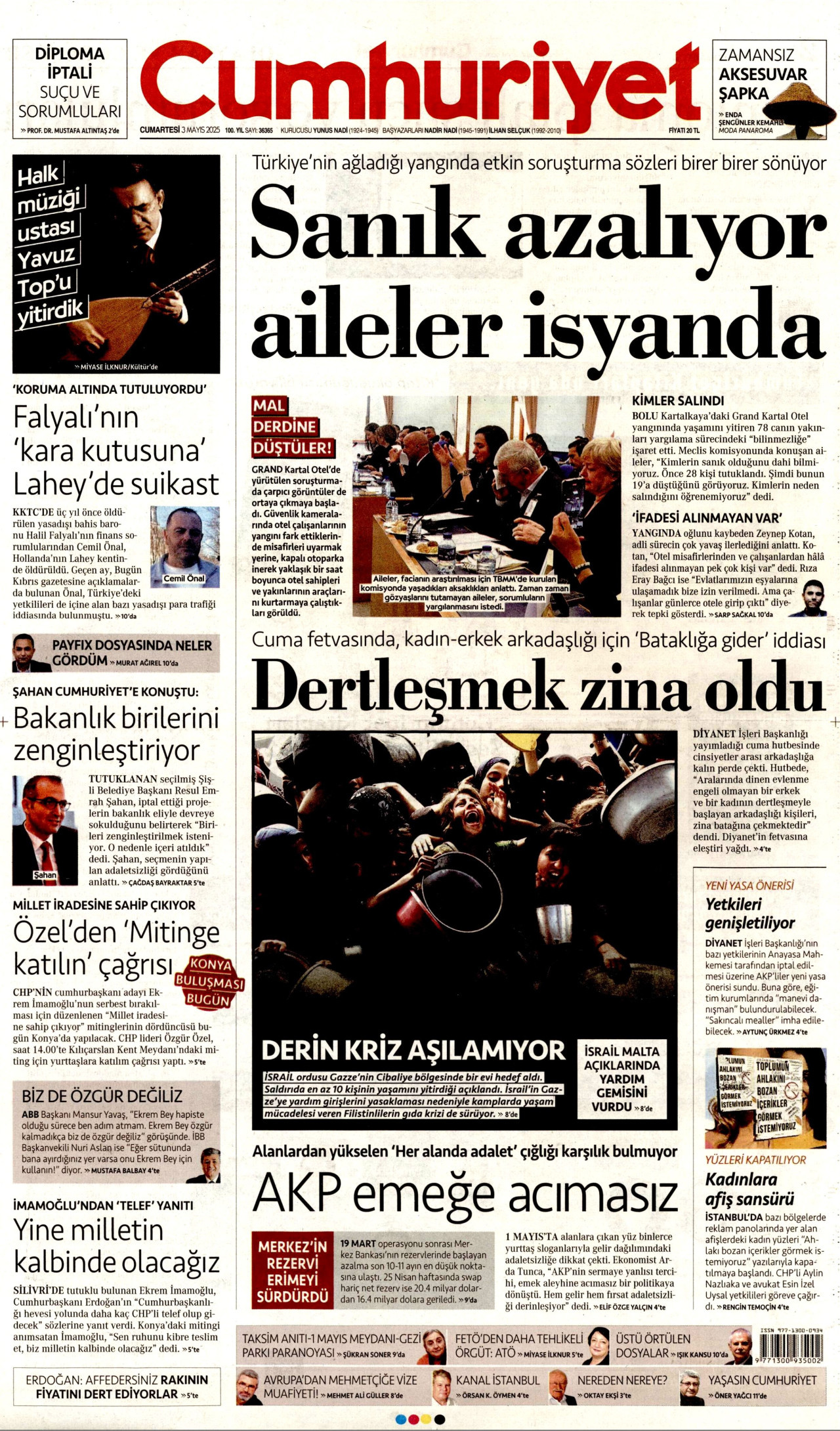 CUMHURİYET gazetesinin 3 Mayıs 2025 tarihli birinci sayfası