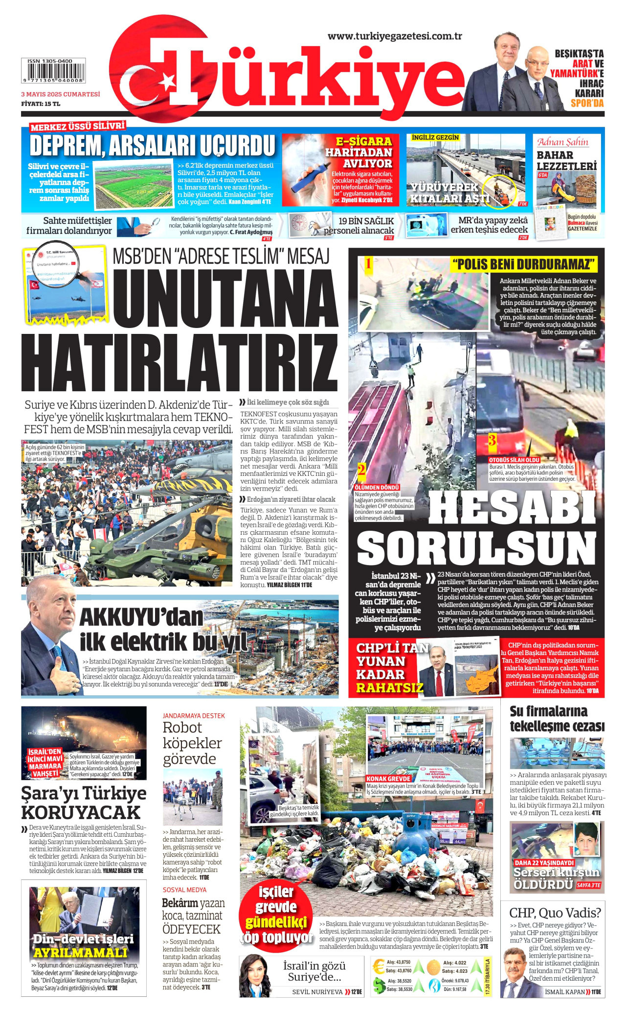 TÜRKİYE GAZETESİ gazetesinin 3 Mayıs 2025 tarihli birinci sayfası
