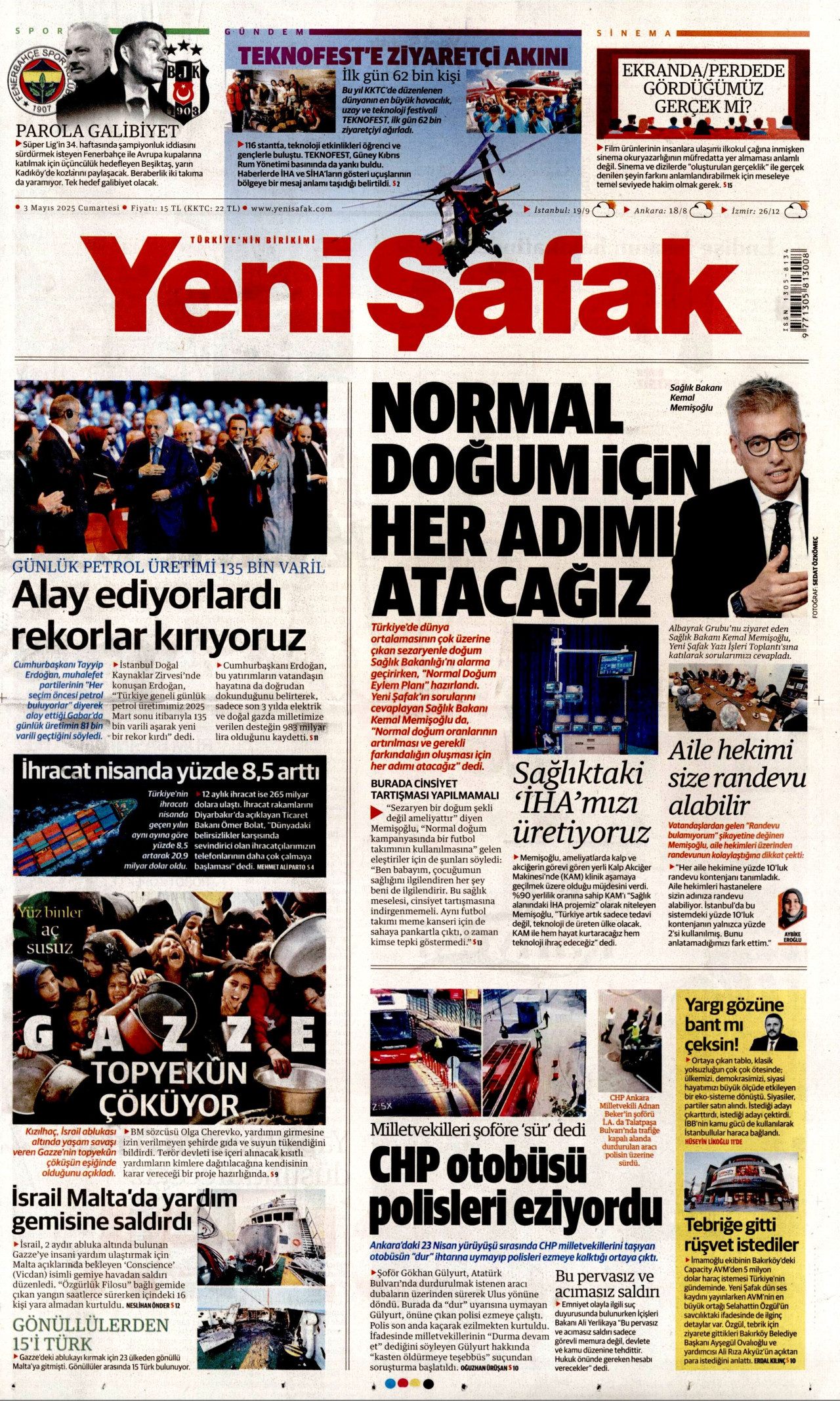 YENİ ŞAFAK gazetesinin 3 Mayıs 2025 tarihli birinci sayfası