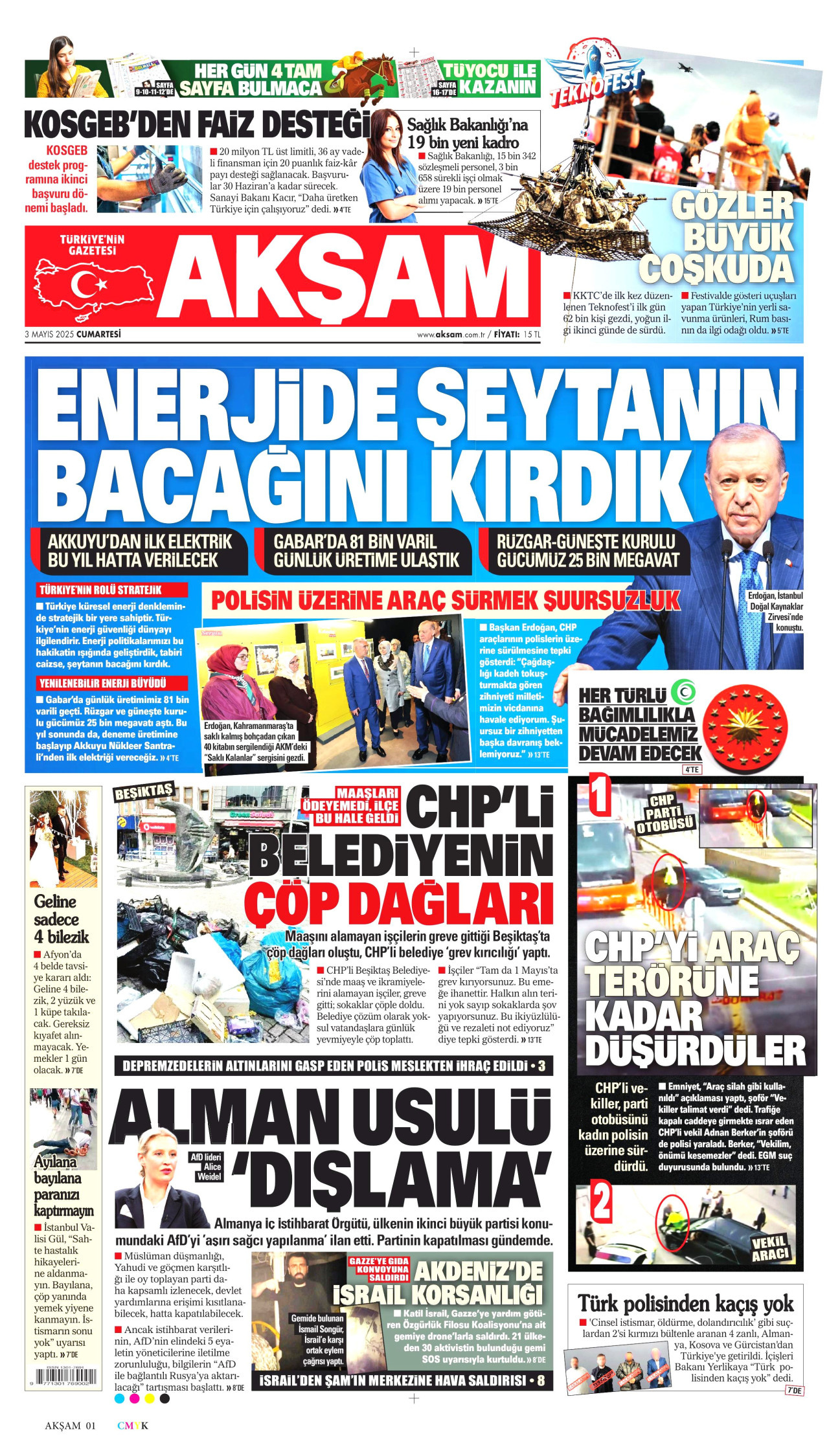 AKŞAM gazetesinin 3 Mayıs 2025 tarihli birinci sayfası