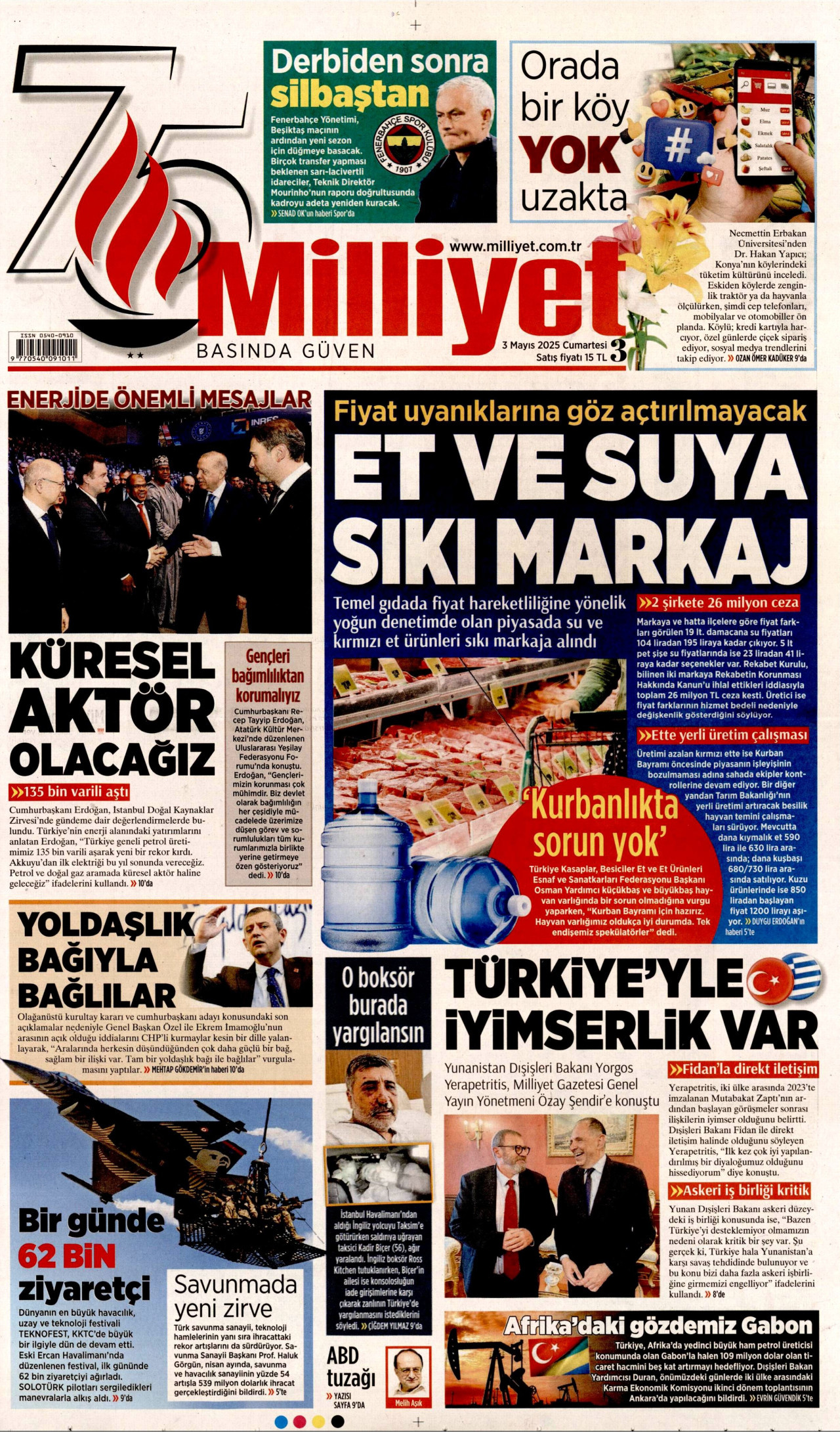 MİLLİYET gazetesinin 3 Mayıs 2025 tarihli birinci sayfası