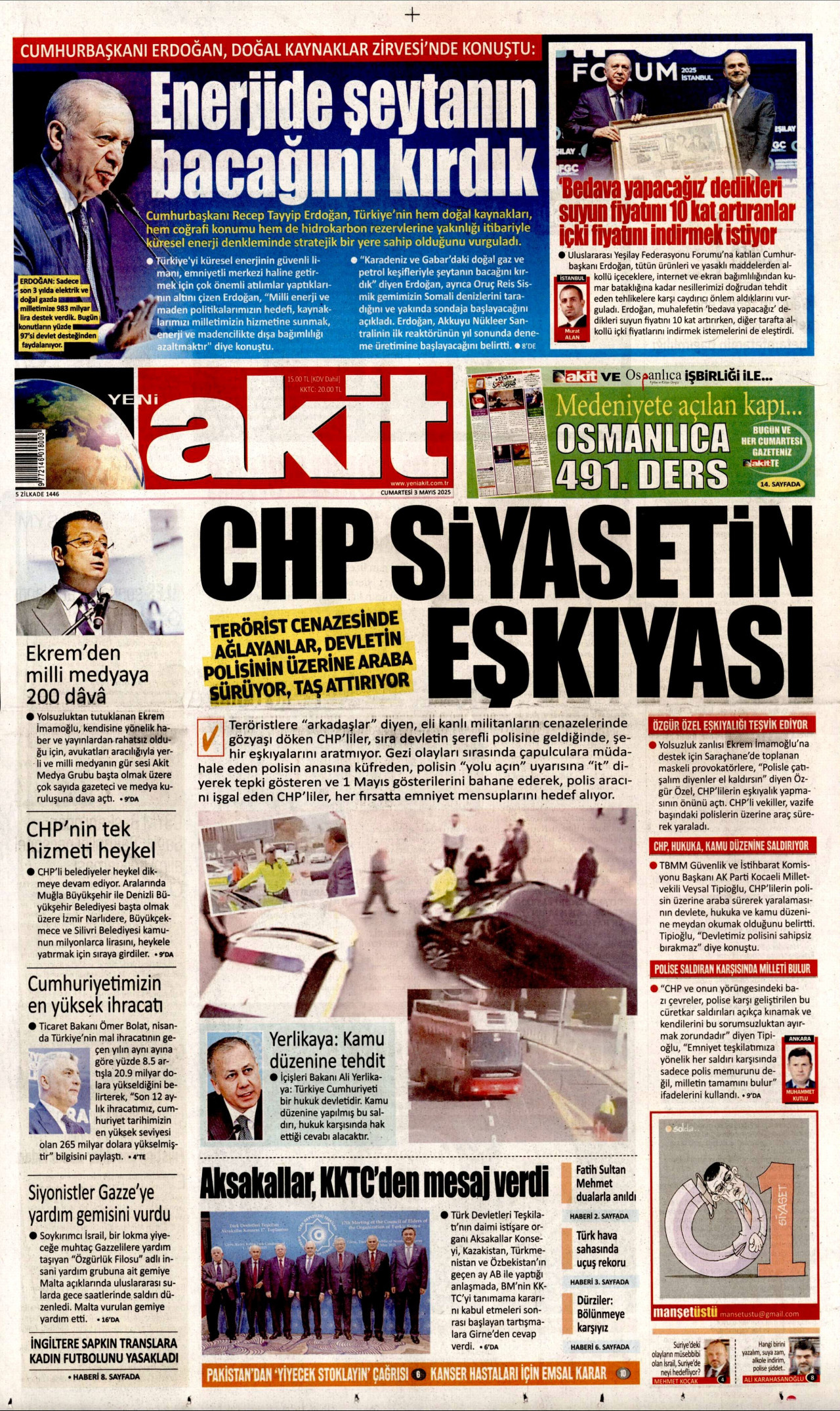 YENİ AKİT gazetesinin 3 Mayıs 2025 tarihli birinci sayfası