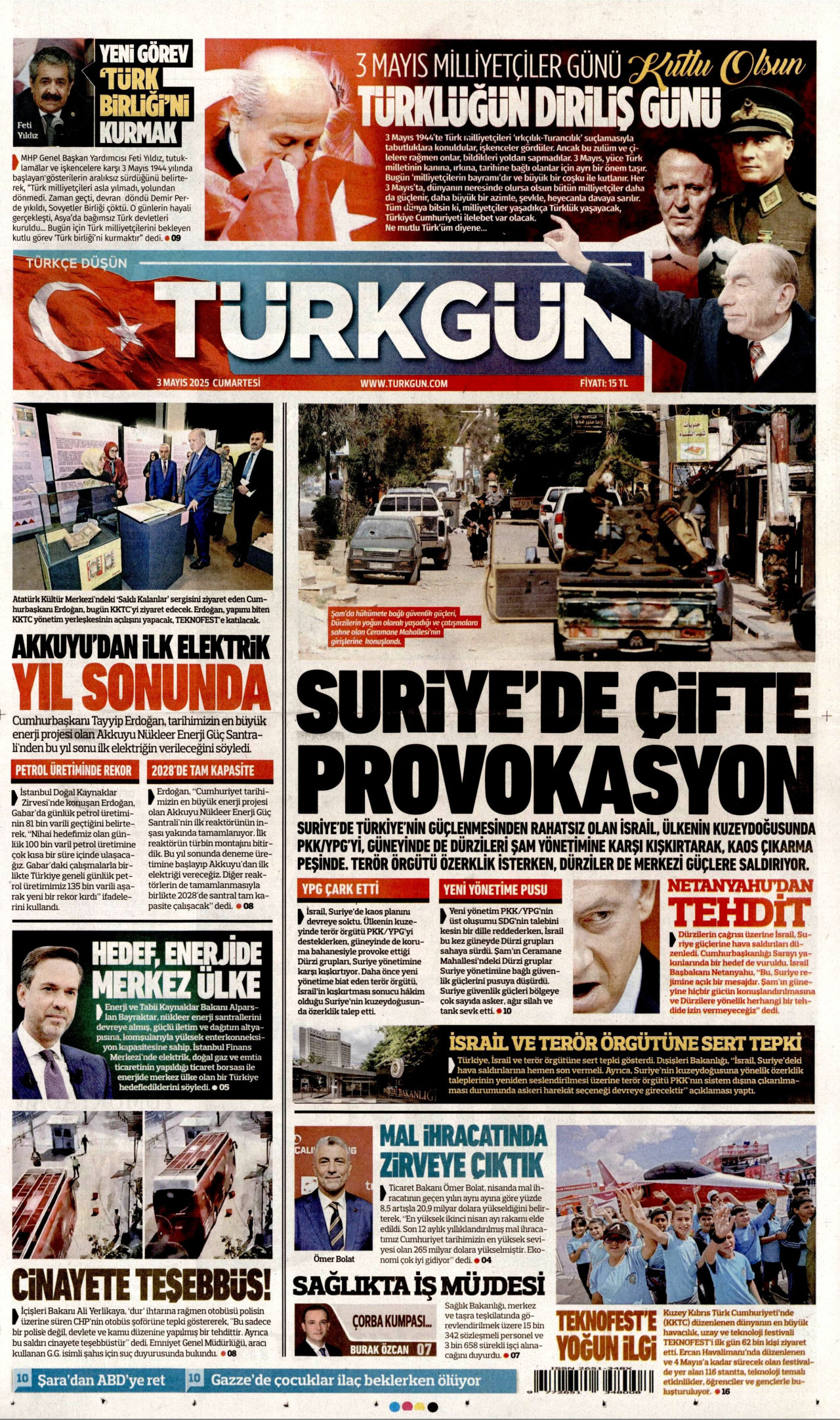 TÜRKGÜN gazetesinin 3 Mayıs 2025 tarihli birinci sayfası