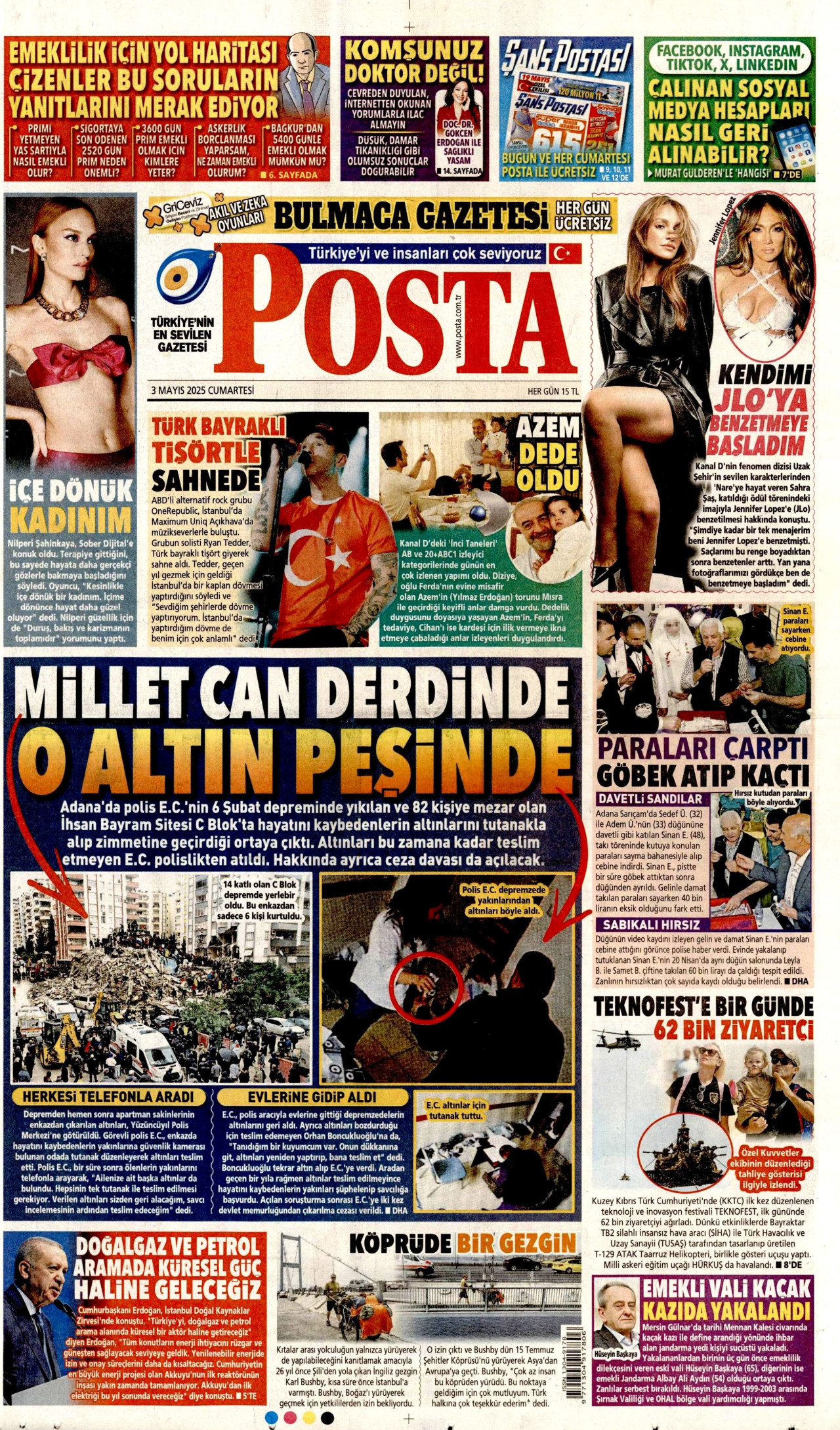 POSTA gazetesinin 3 Mayıs 2025 tarihli birinci sayfası