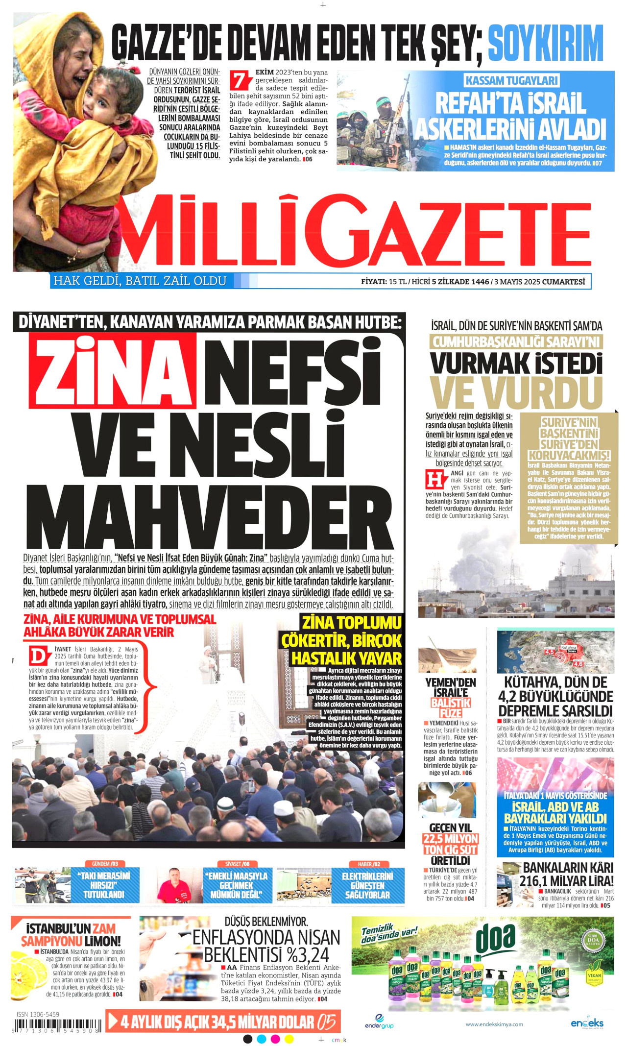 MİLLİ GAZETE gazetesinin 3 Mayıs 2025 tarihli birinci sayfası