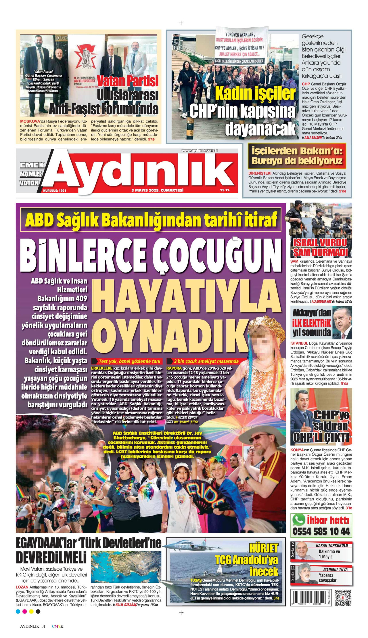 AYDINLIK GAZETESİ gazetesinin 3 Mayıs 2025 tarihli birinci sayfası