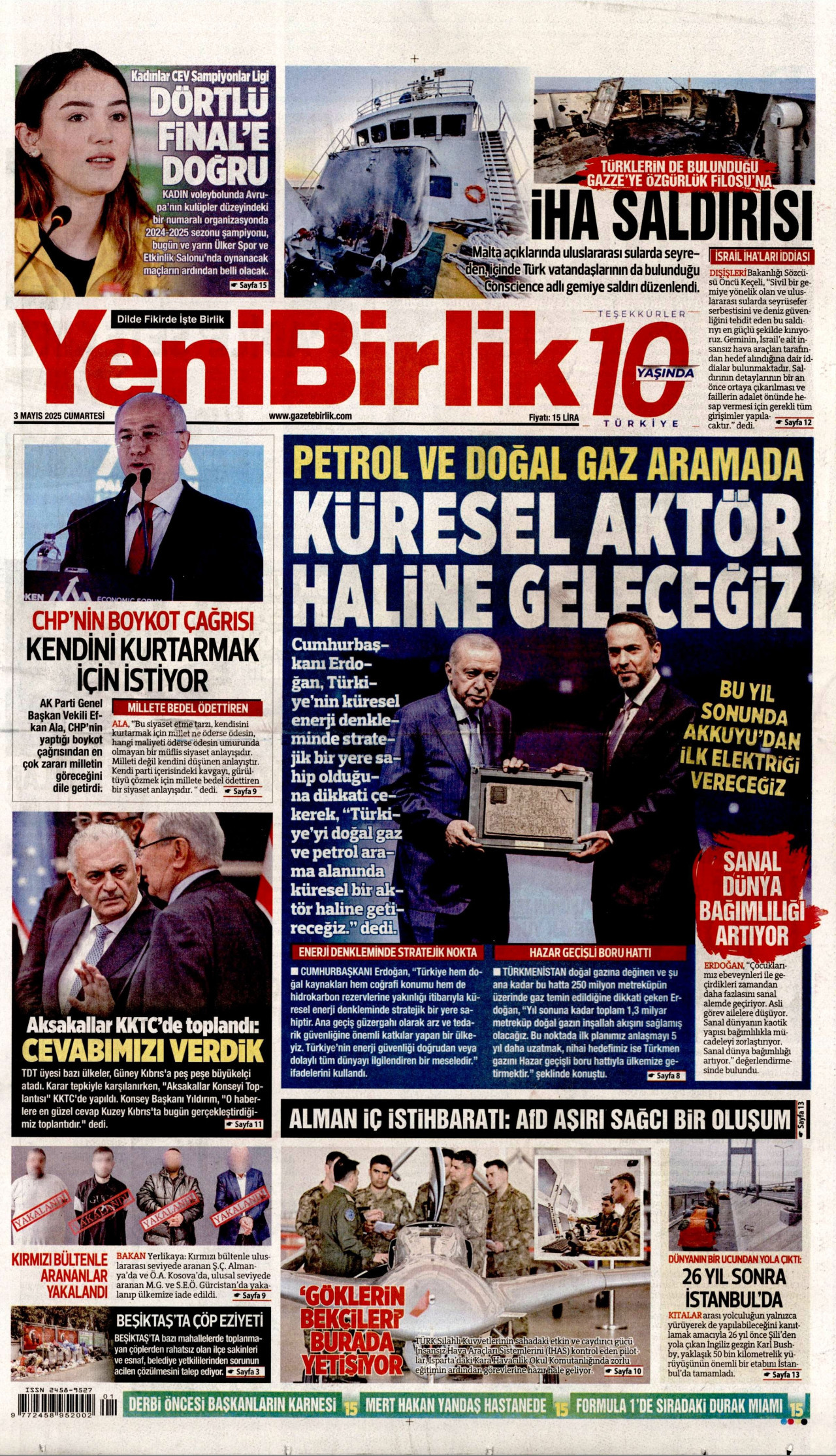 YENİBİRLİK gazetesinin 3 Mayıs 2025 tarihli birinci sayfası