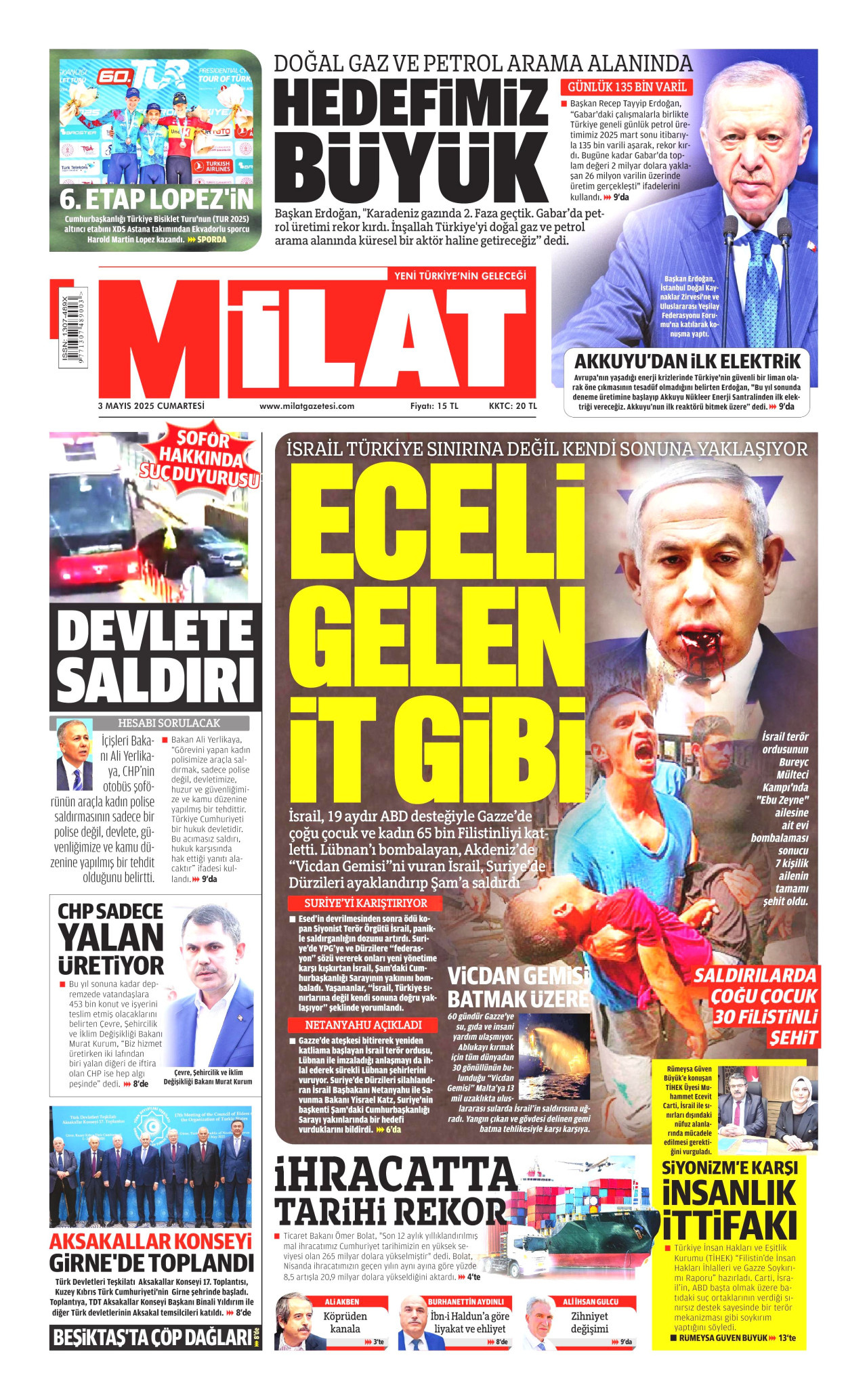 MİLAT gazetesinin 3 Mayıs 2025 tarihli birinci sayfası
