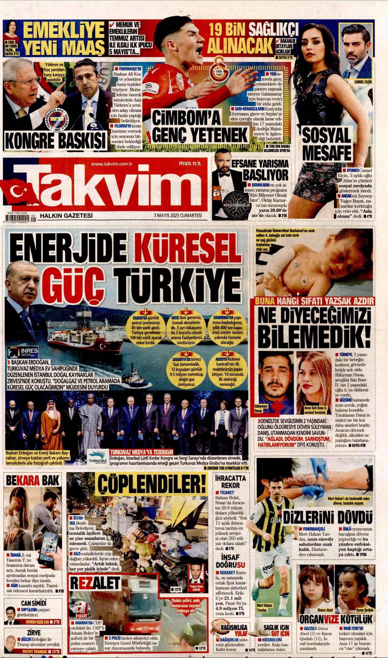 TAKVİM gazetesinin 3 Mayıs 2025 tarihli birinci sayfası