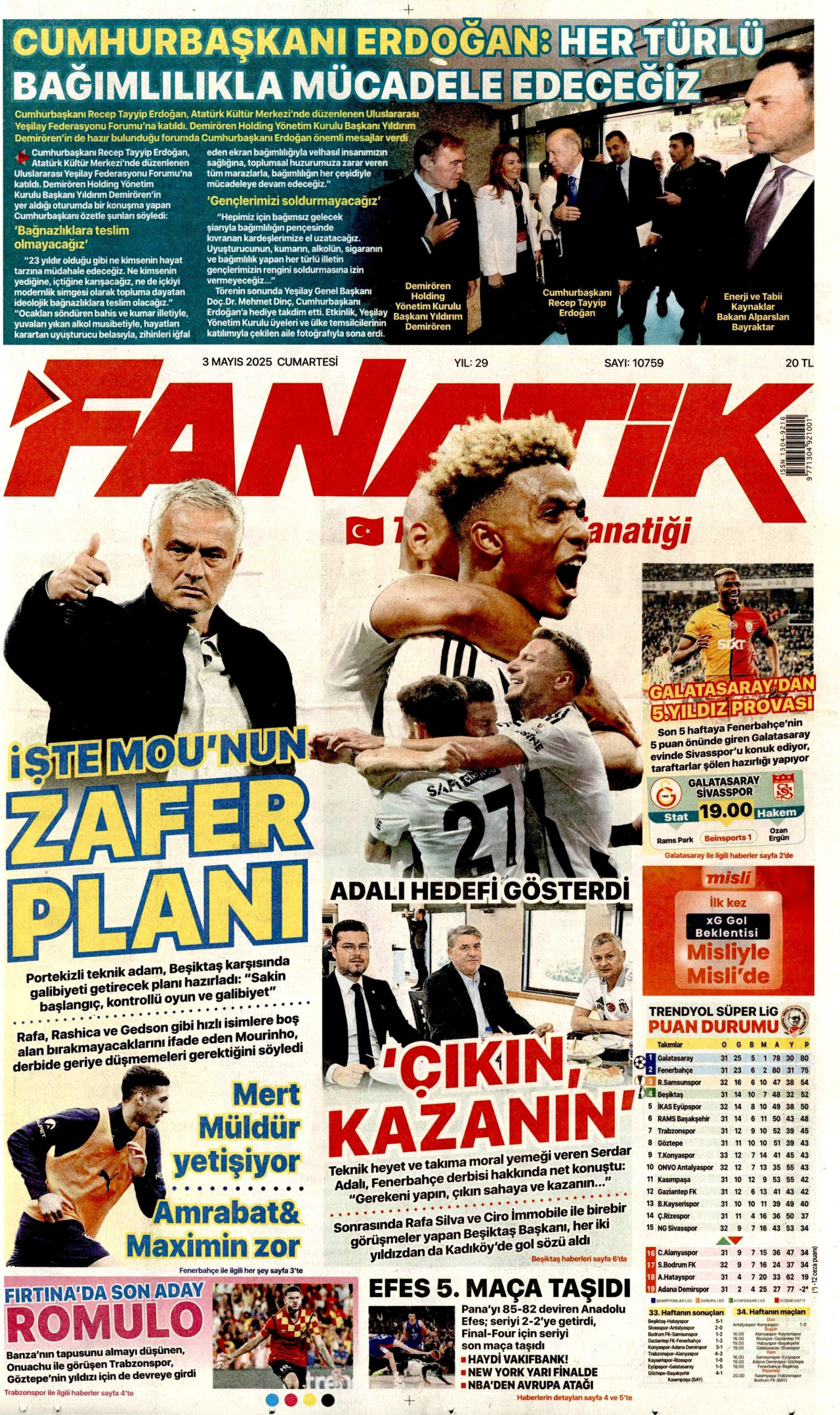 FANATİK gazetesinin 3 Mayıs 2025 tarihli birinci sayfası