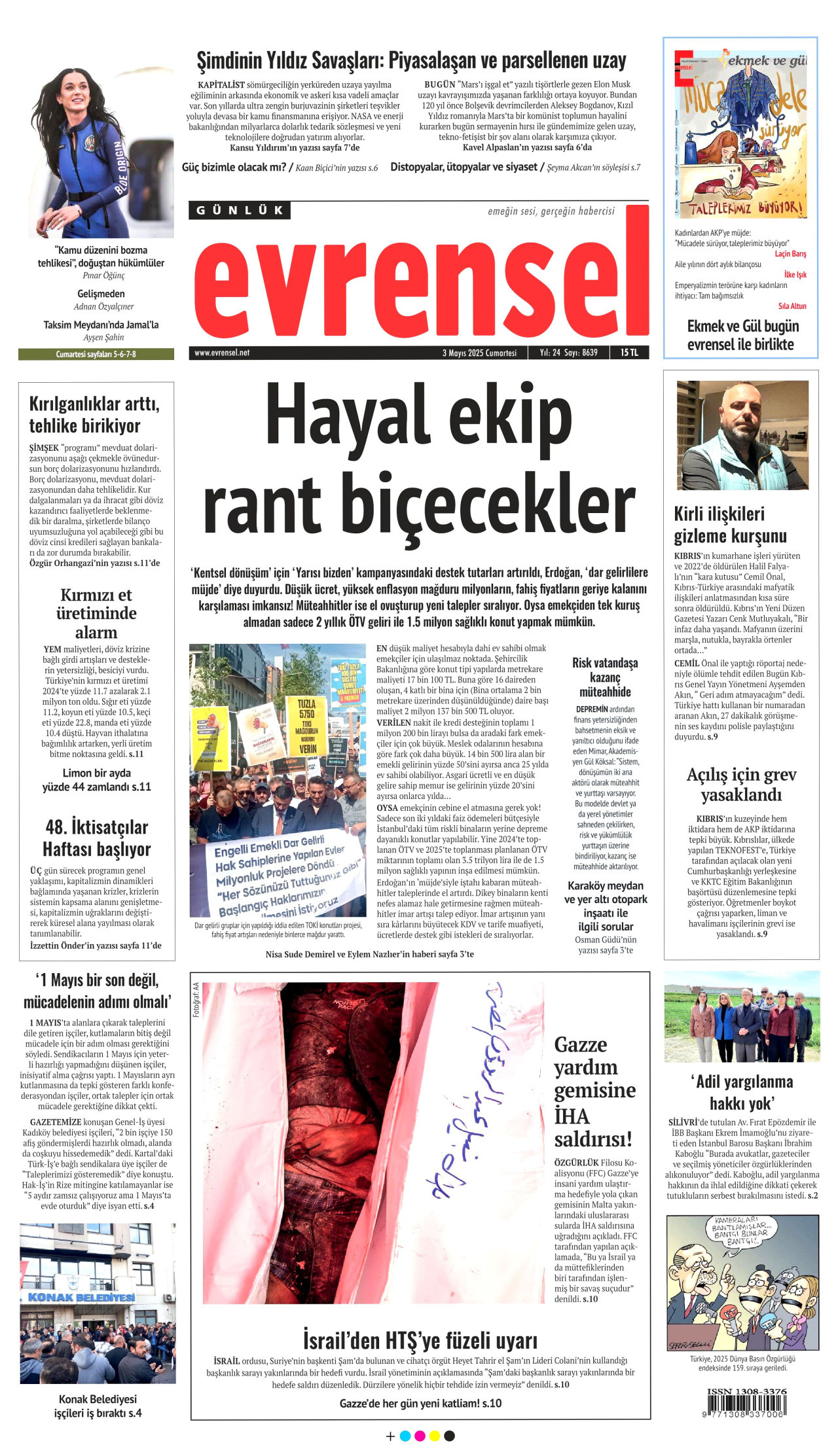 EVRENSEL gazetesinin 3 Mayıs 2025 tarihli birinci sayfası