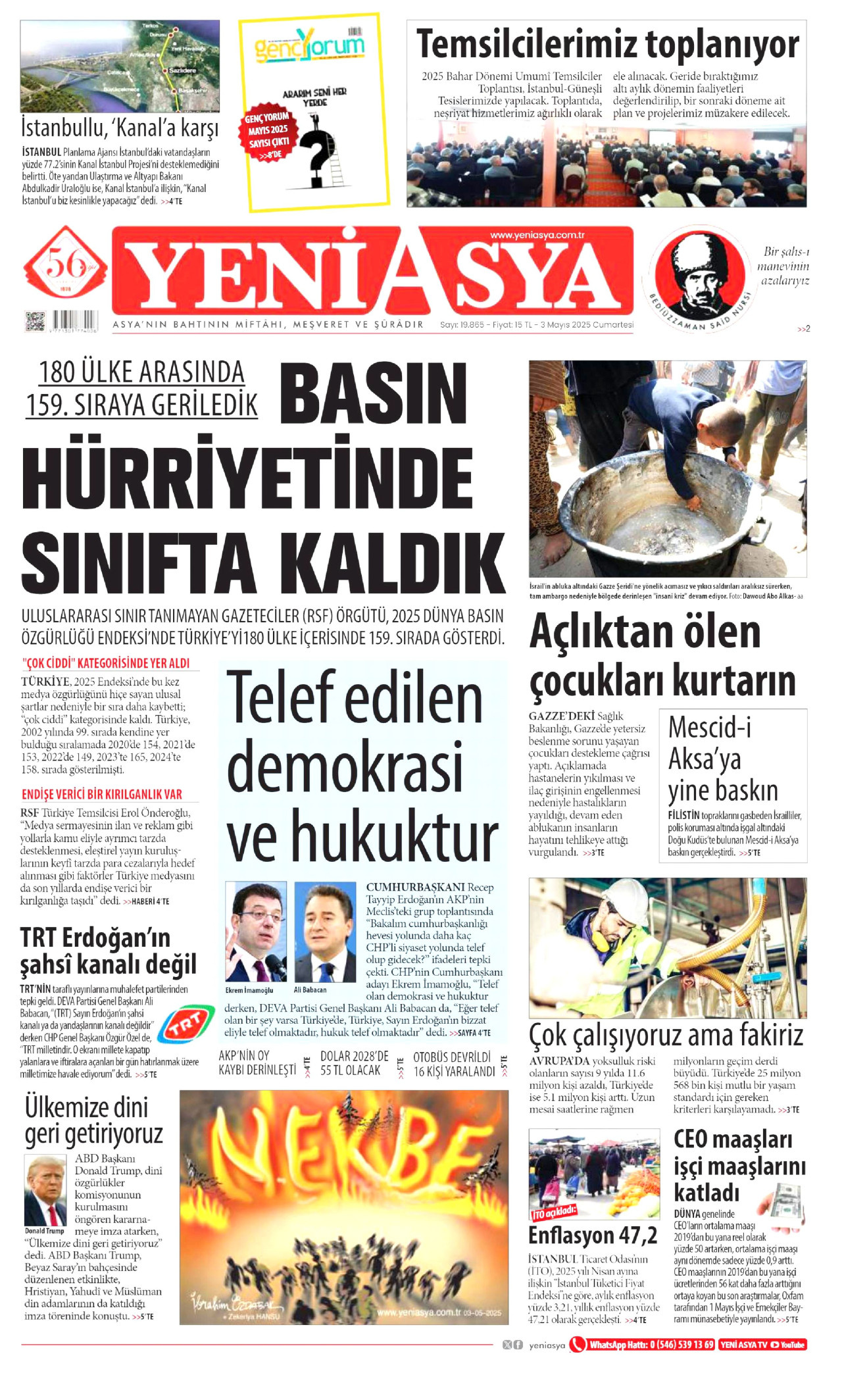 YENİ ASYA gazetesinin 3 Mayıs 2025 tarihli birinci sayfası