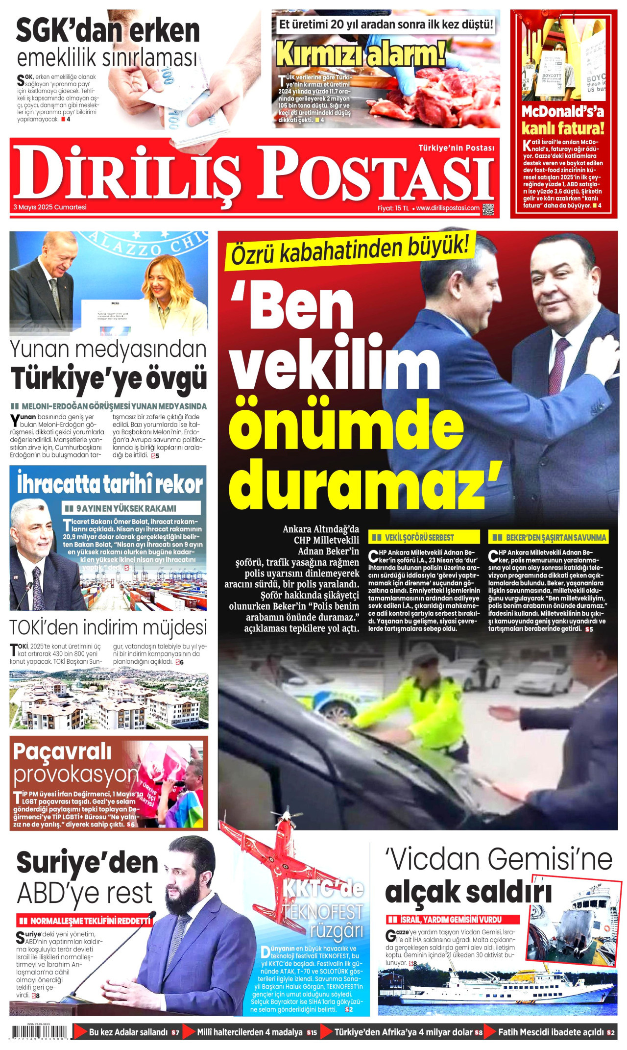 DİRİLİŞ POSTASI gazetesinin 3 Mayıs 2025 tarihli birinci sayfası