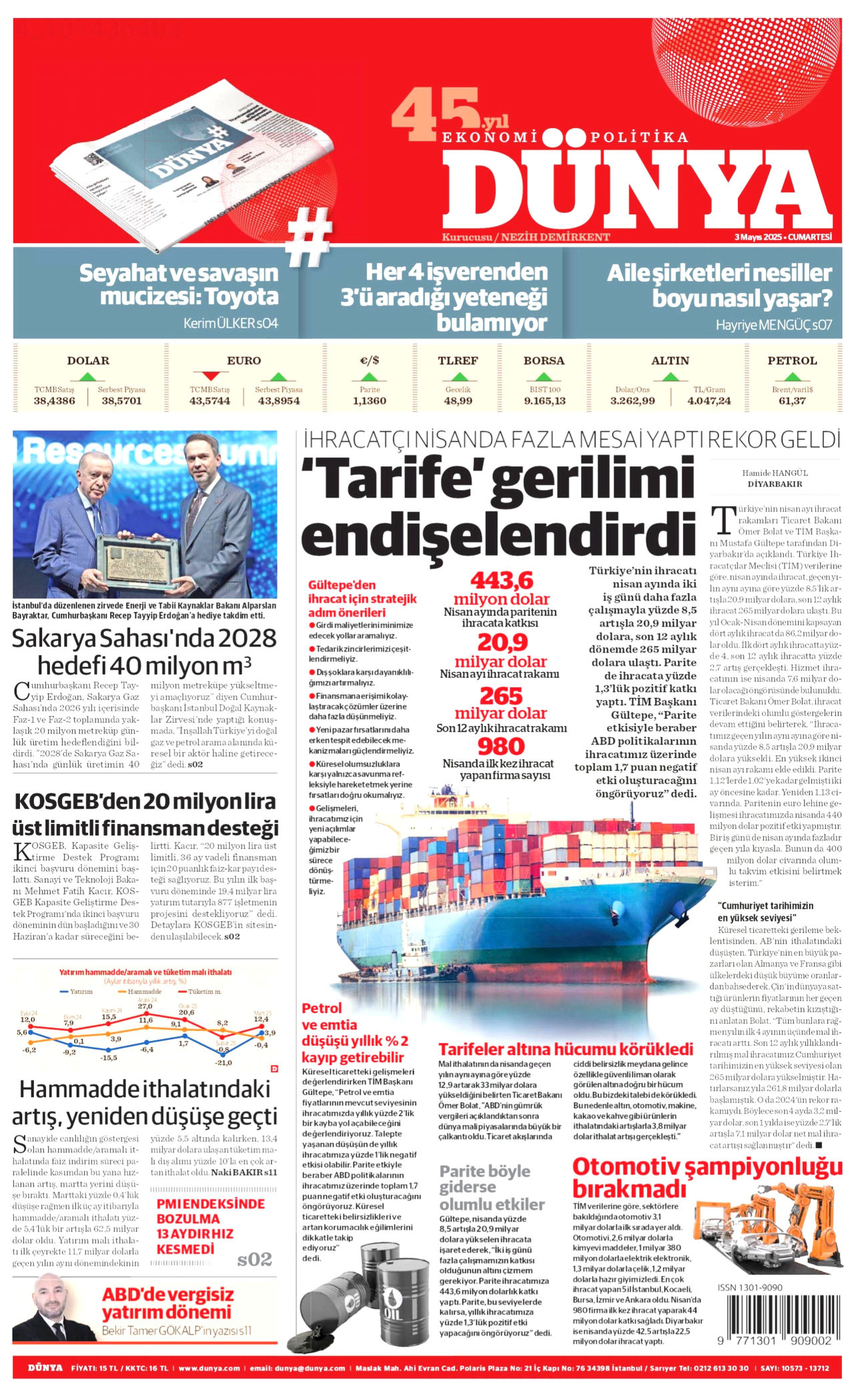 DÜNYA gazetesinin 3 Mayıs 2025 tarihli birinci sayfası