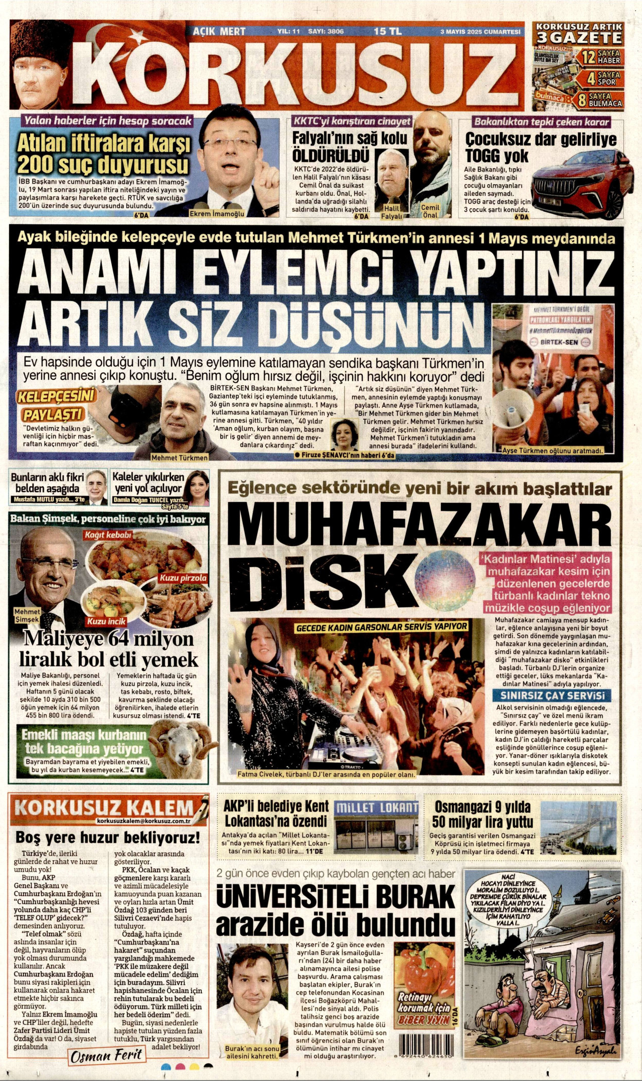 KORKUSUZ gazetesinin 3 Mayıs 2025 tarihli birinci sayfası