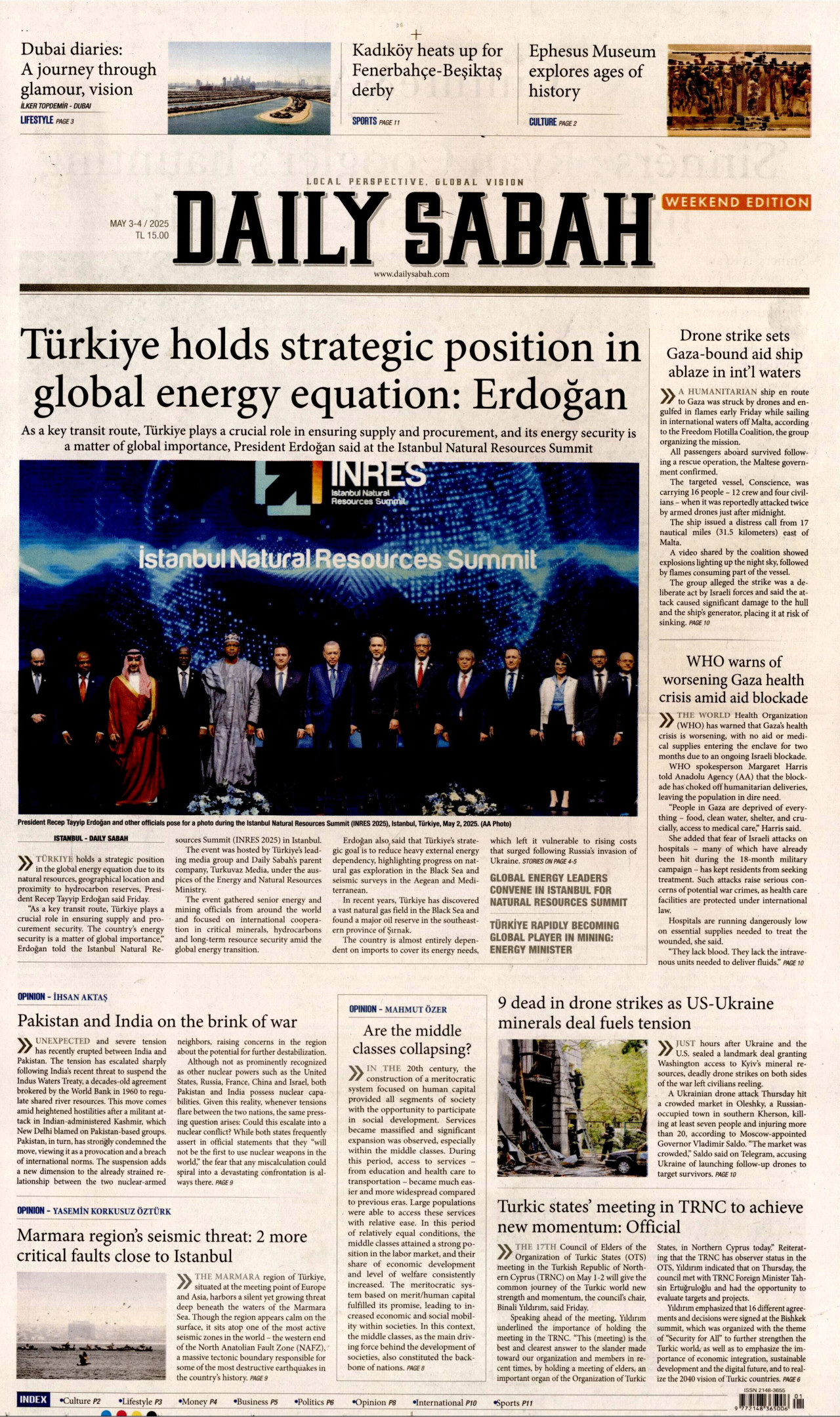 DAİLY SABAH gazetesinin 3 Mayıs 2025 tarihli birinci sayfası