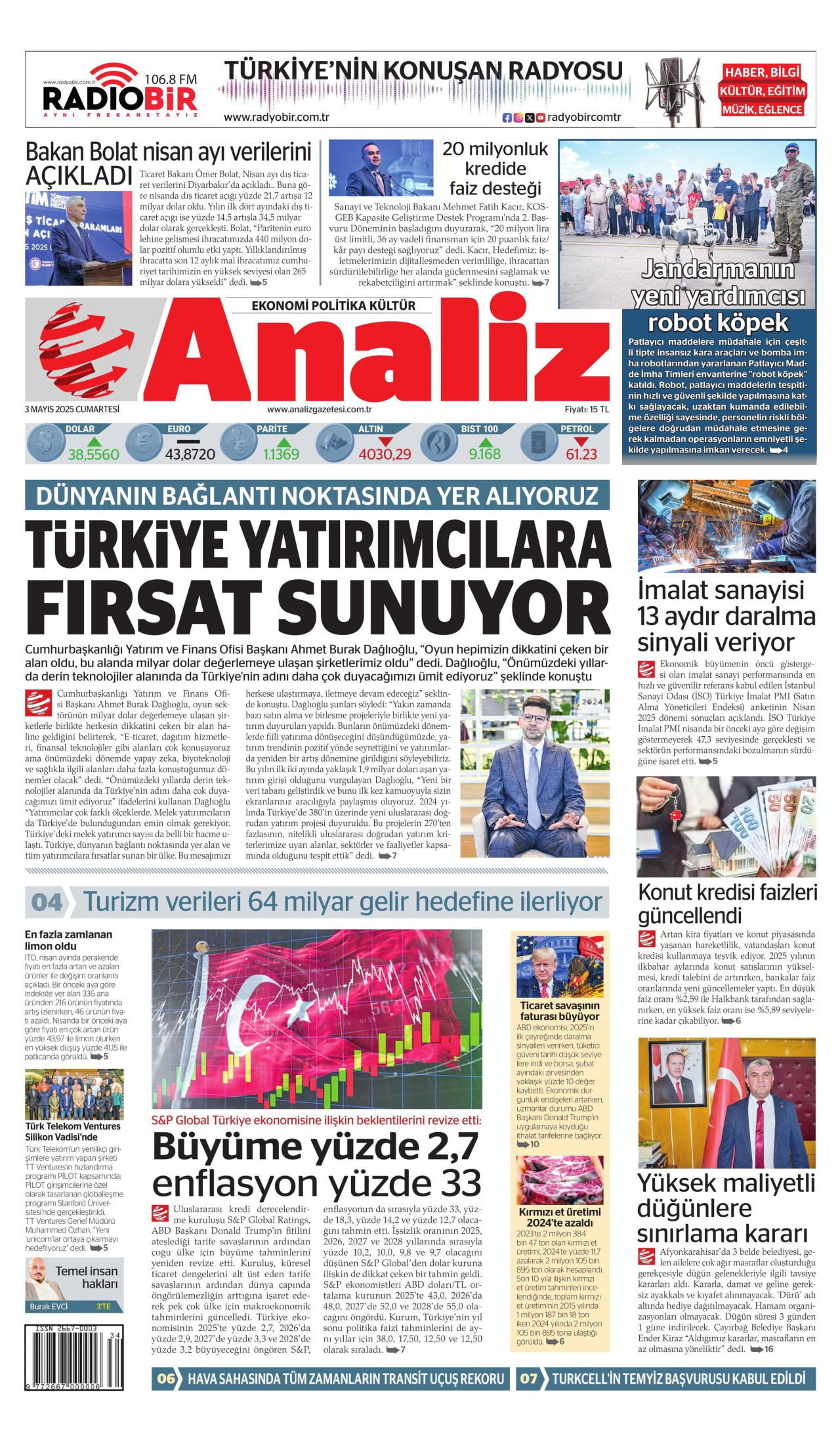 ANALİZ gazetesinin 3 Mayıs 2025 tarihli birinci sayfası