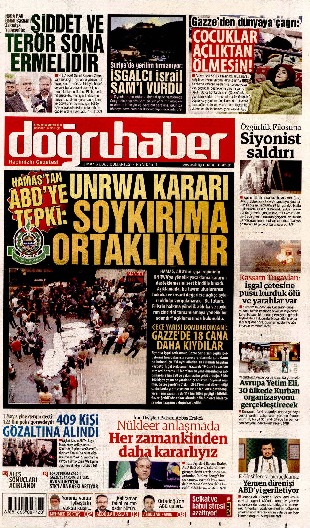 DOĞRU HABER gazetesinin 3 Mayıs 2025 tarihli birinci sayfası