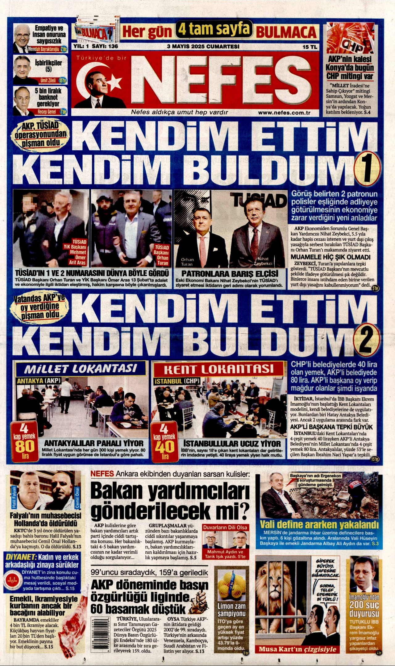 NEFES gazetesinin 3 Mayıs 2025 tarihli birinci sayfası