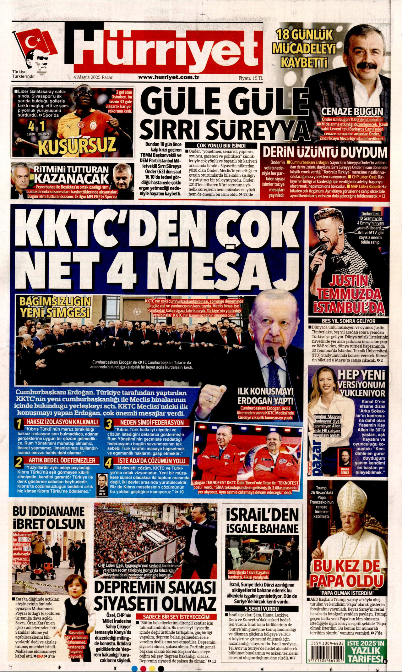 HÜRRİYET gazetesinin 4 Mayıs 2025 tarihli birinci sayfası
